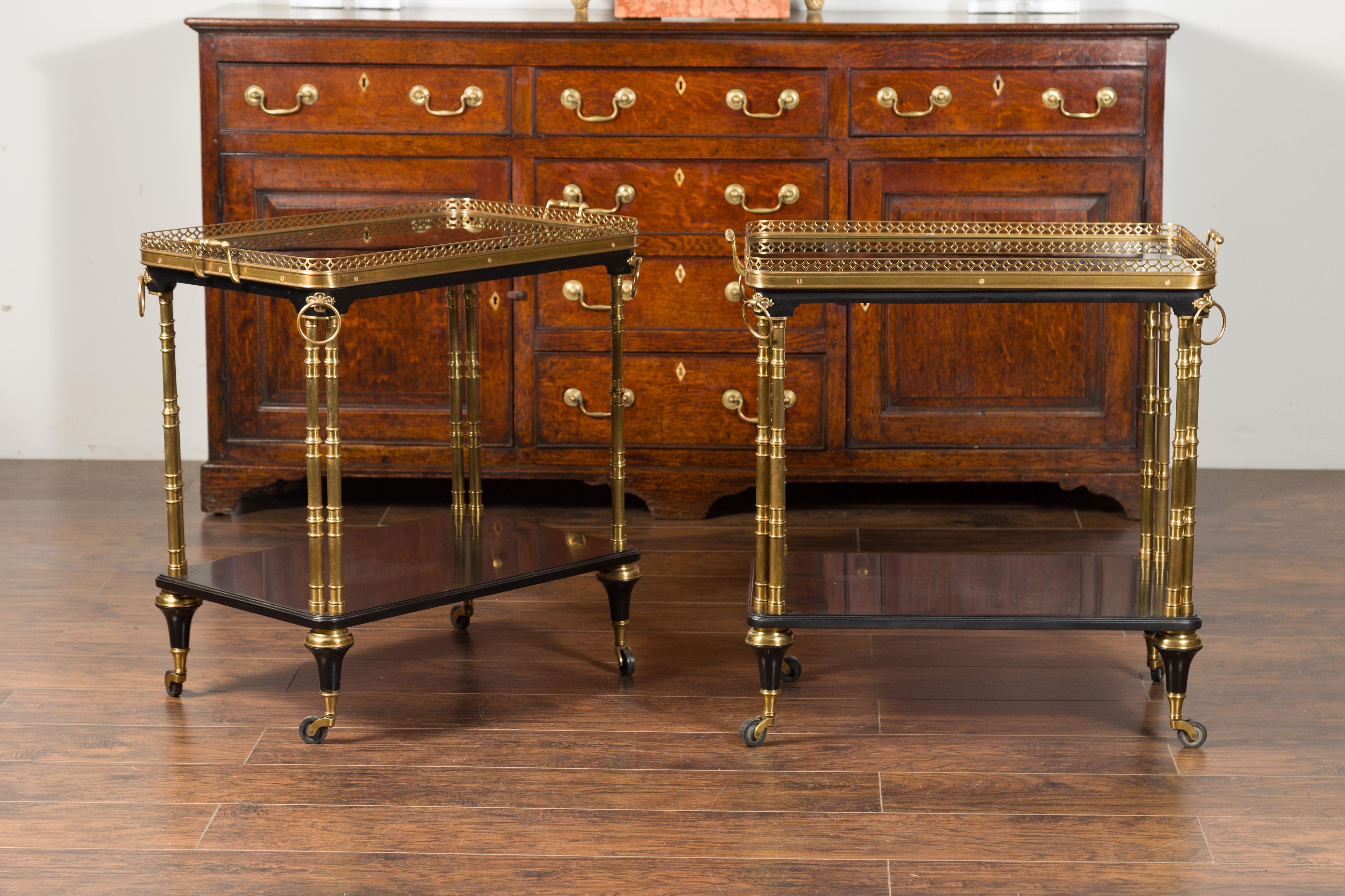 Pair of French Midcentury Bronze and Ebonized Trolleys with Black Mirrored Tops In Good Condition For Sale In Atlanta, GA
