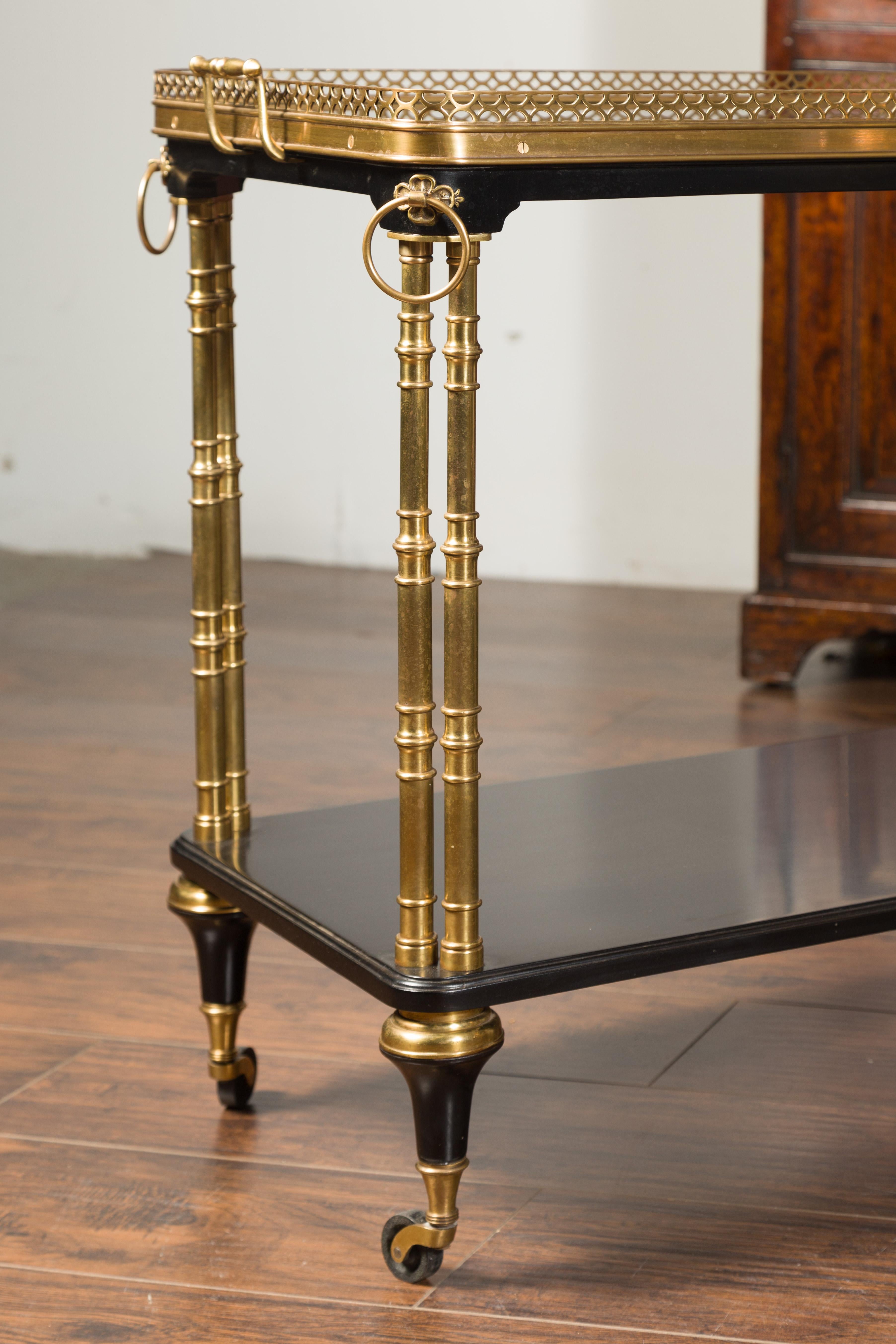 Pair of French Midcentury Bronze and Ebonized Trolleys with Black Mirrored Tops For Sale 4