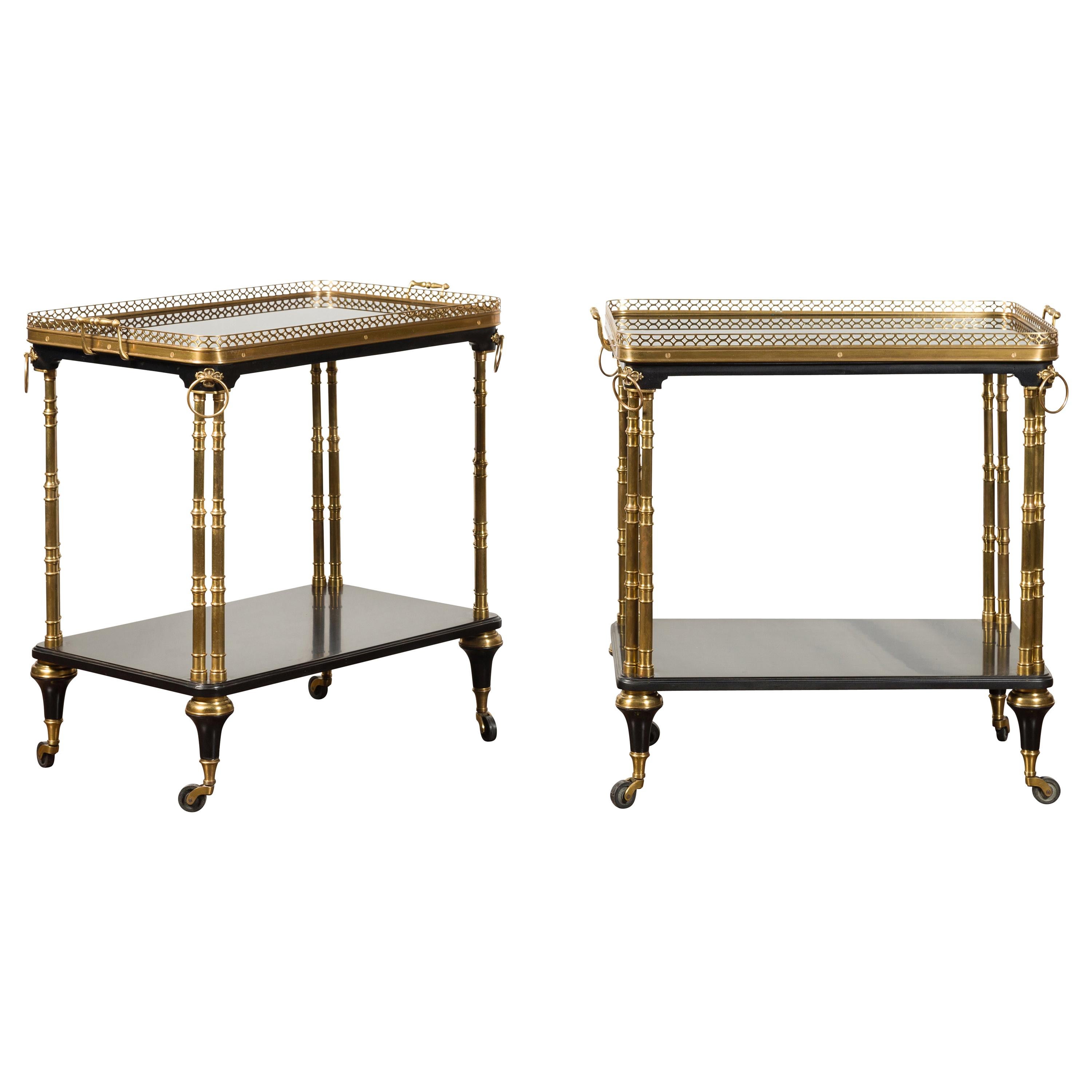 Pair of French Midcentury Bronze and Ebonized Trolleys with Black Mirrored Tops For Sale