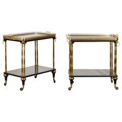 Retro Pair of French Midcentury Bronze and Ebonized Trolleys with Black Mirrored Tops