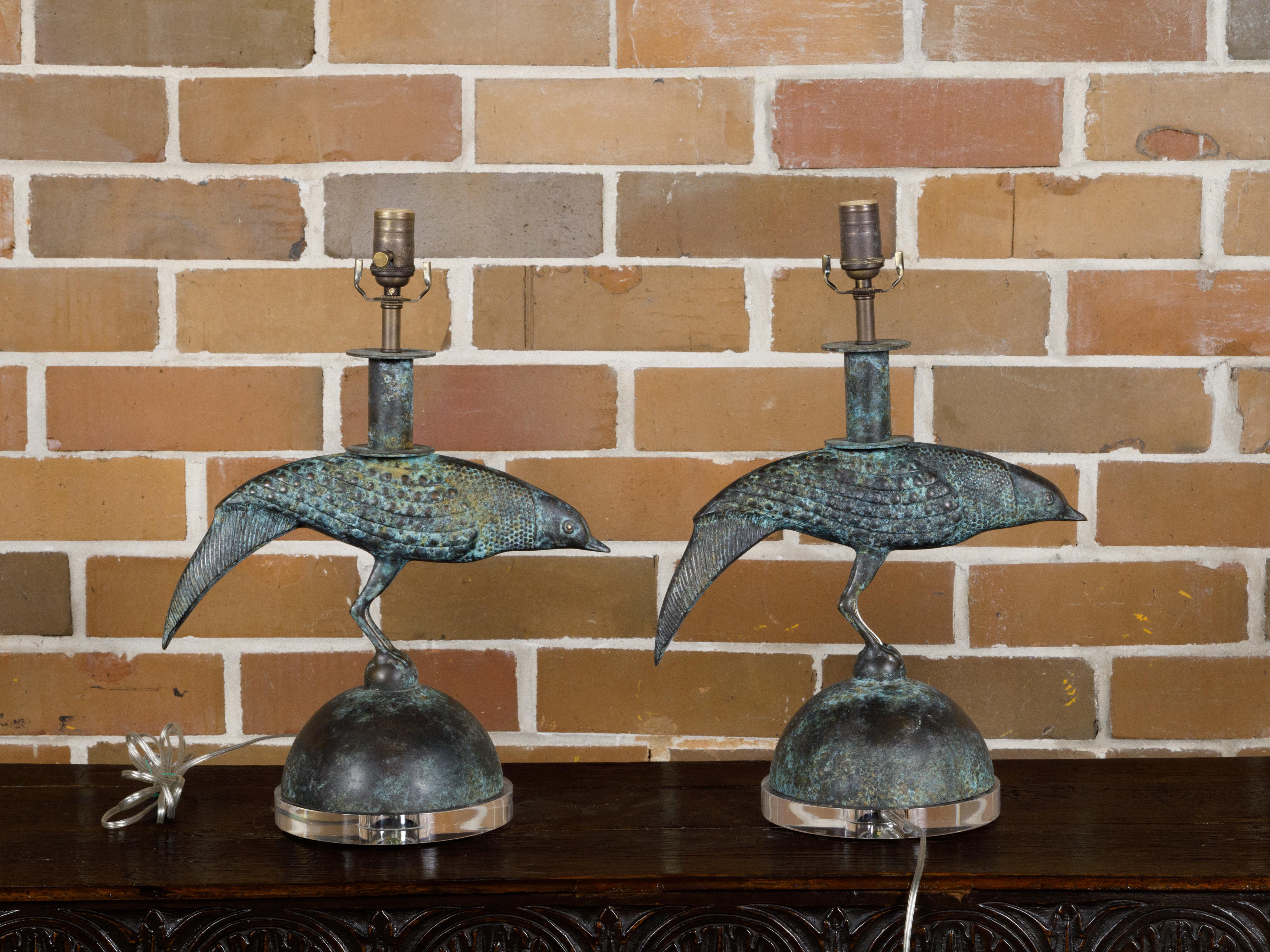 Pair of French Midcentury Bronze Birds Table Lamps with Verdigris Patina, Wired 9