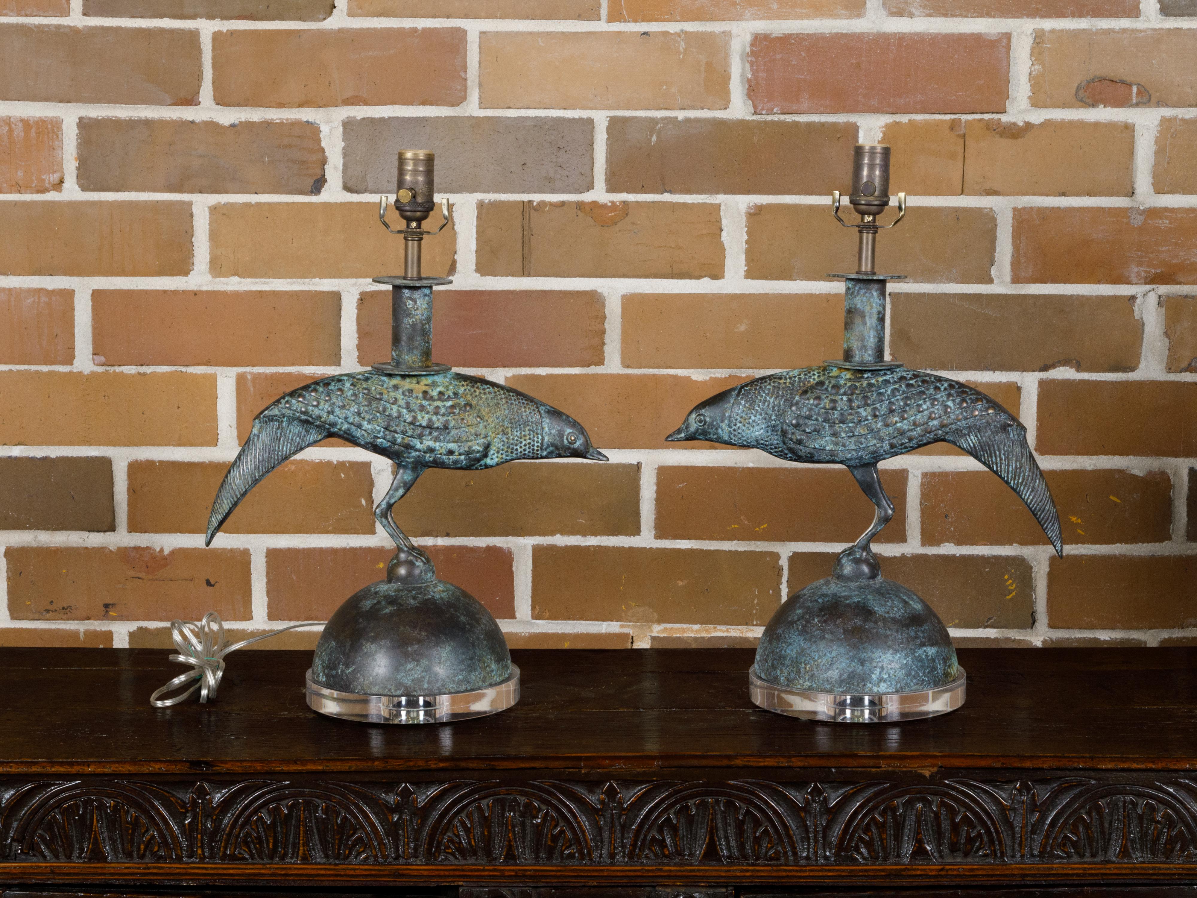 Pair of French Midcentury Bronze Birds Table Lamps with Verdigris Patina, Wired For Sale 10