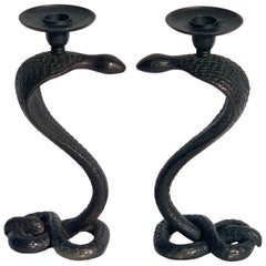 Pair of French Midcentury Bronze Cobra Candlesticks