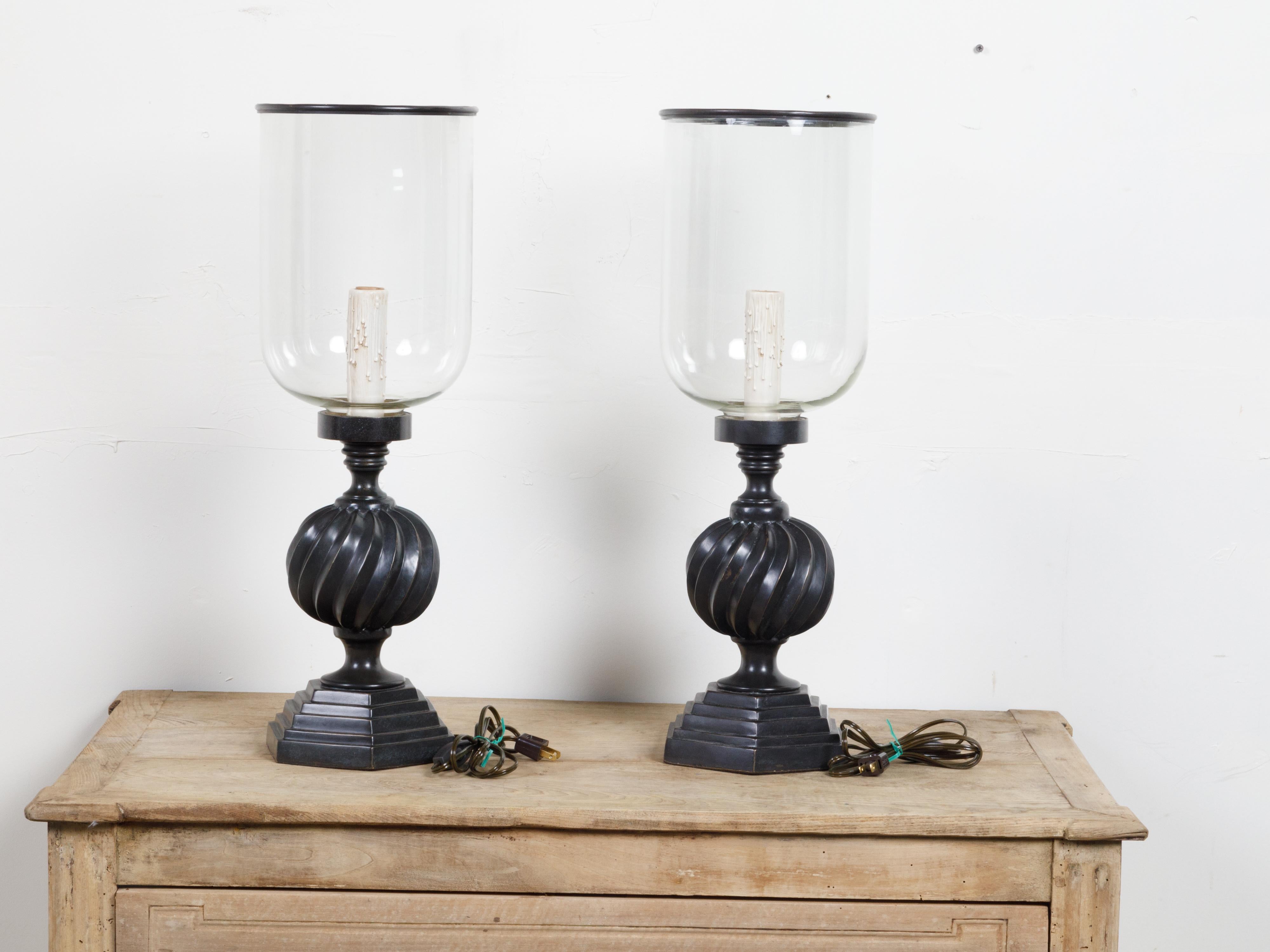 Pair of French Midcentury Bronze Hurricane Single Light Lamps with Stepped Bases 5