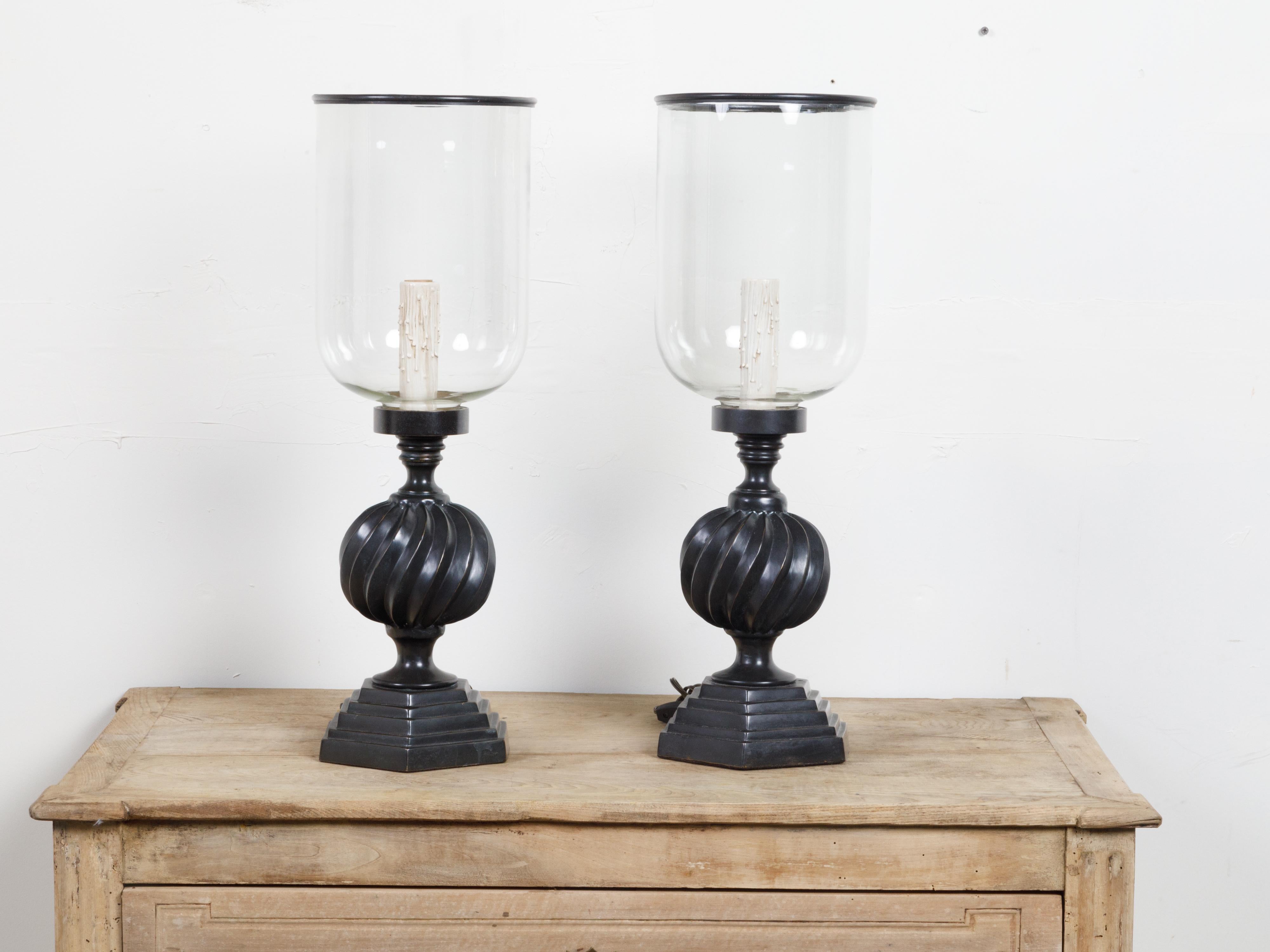 Pair of French Midcentury Bronze Hurricane Single Light Lamps with Stepped Bases 3