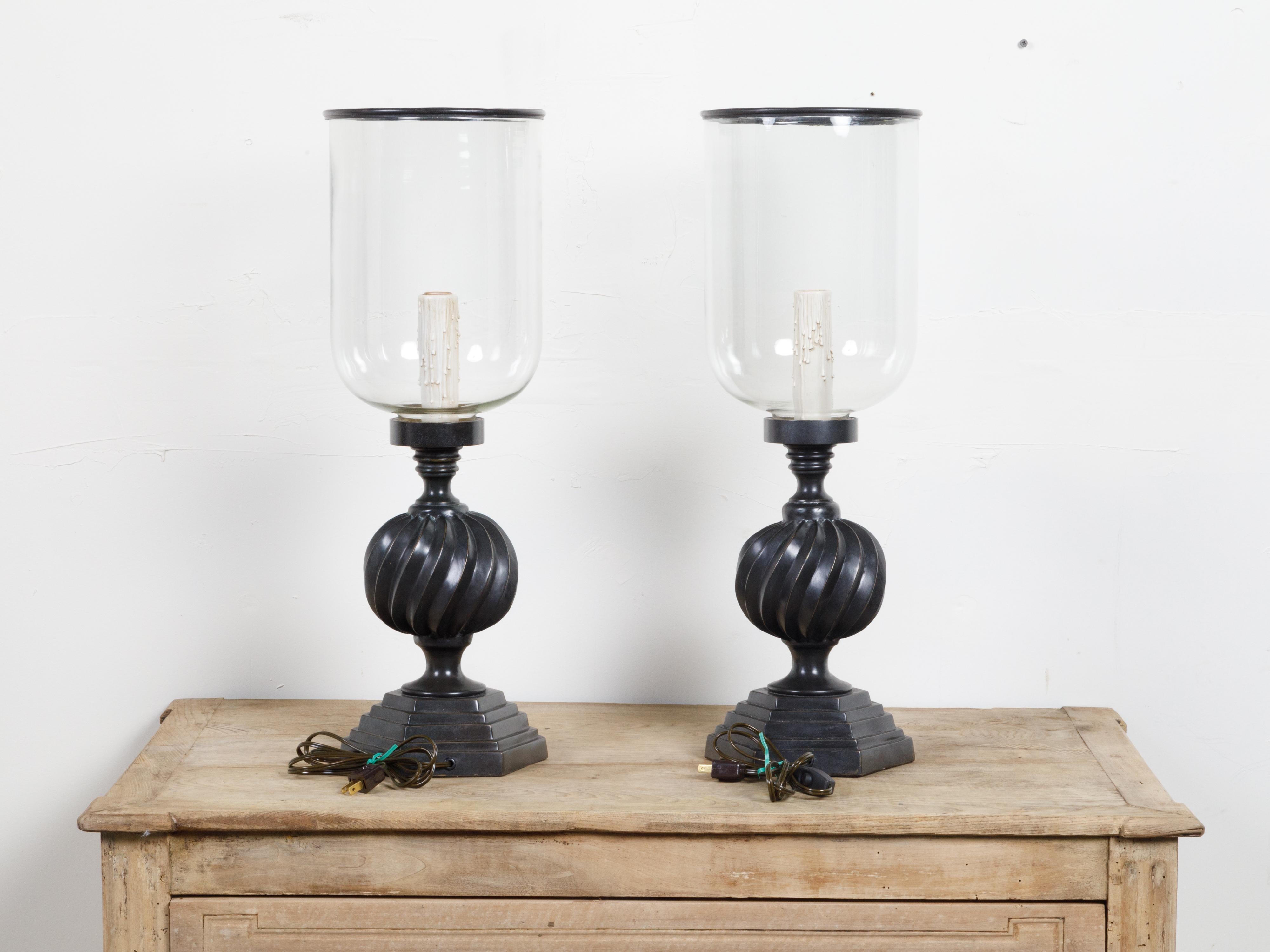 Pair of French Midcentury Bronze Hurricane Single Light Lamps with Stepped Bases 4