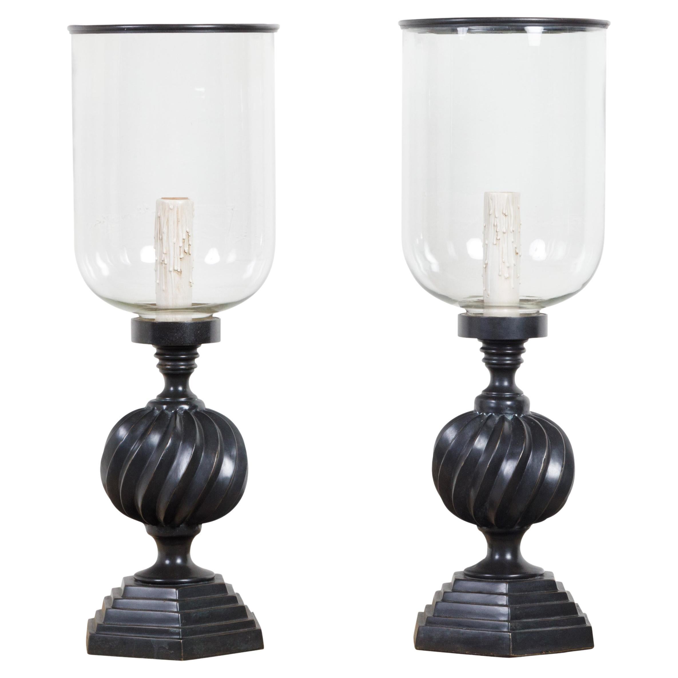 Pair of French Midcentury Bronze Hurricane Single Light Lamps with Stepped Bases