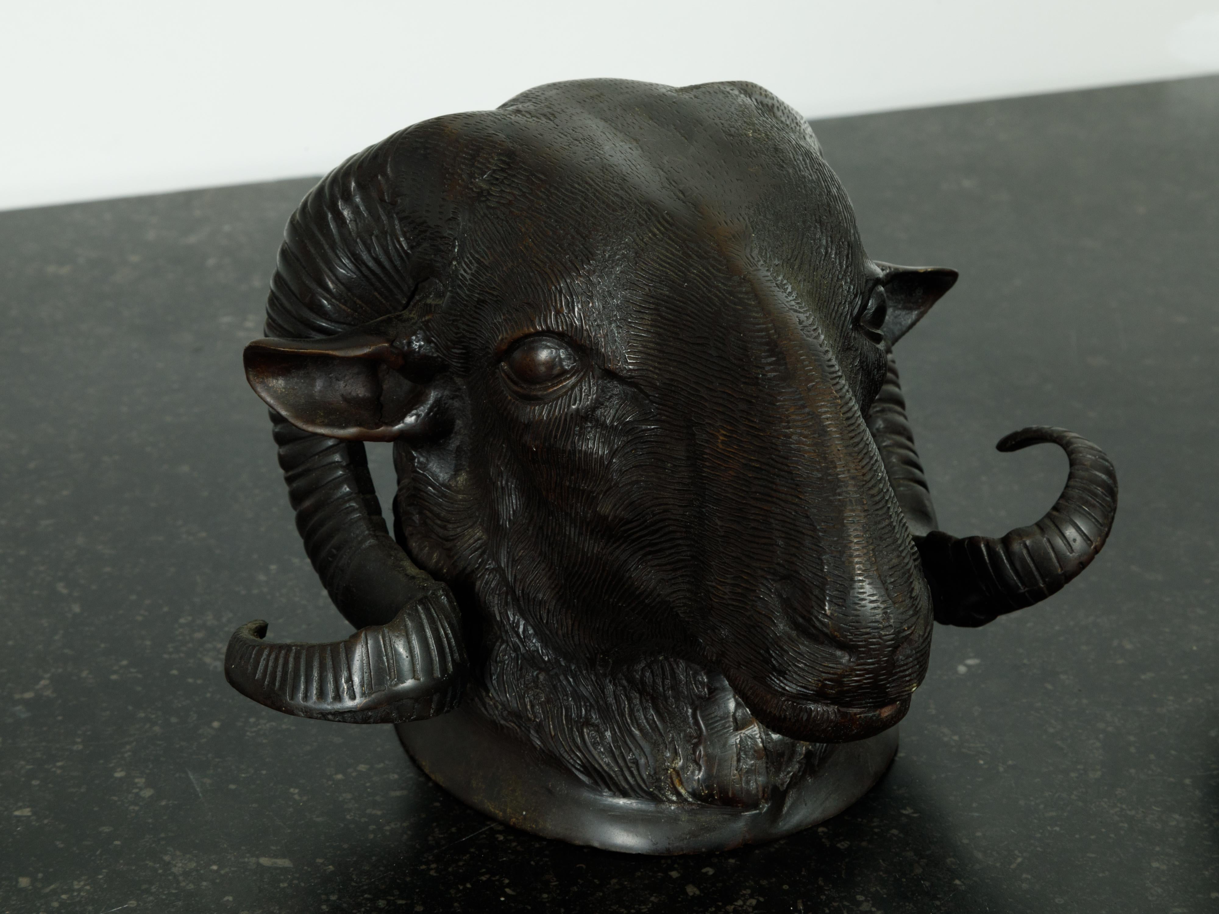 20th Century Pair of French Midcentury Bronze Rams' Heads Wall Sculptures with Dark Patina