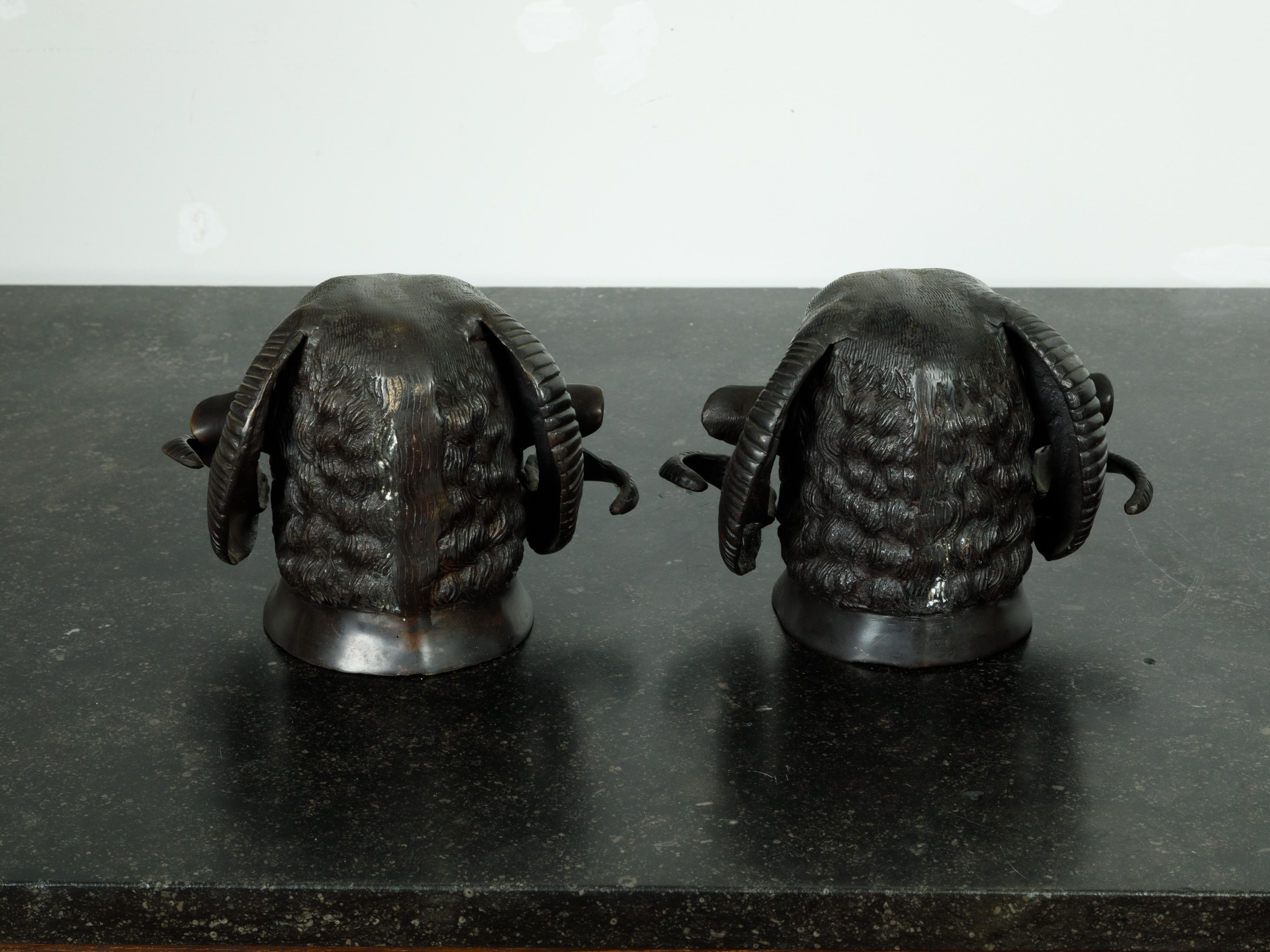 Pair of French Midcentury Bronze Rams' Heads Wall Sculptures with Dark Patina 2