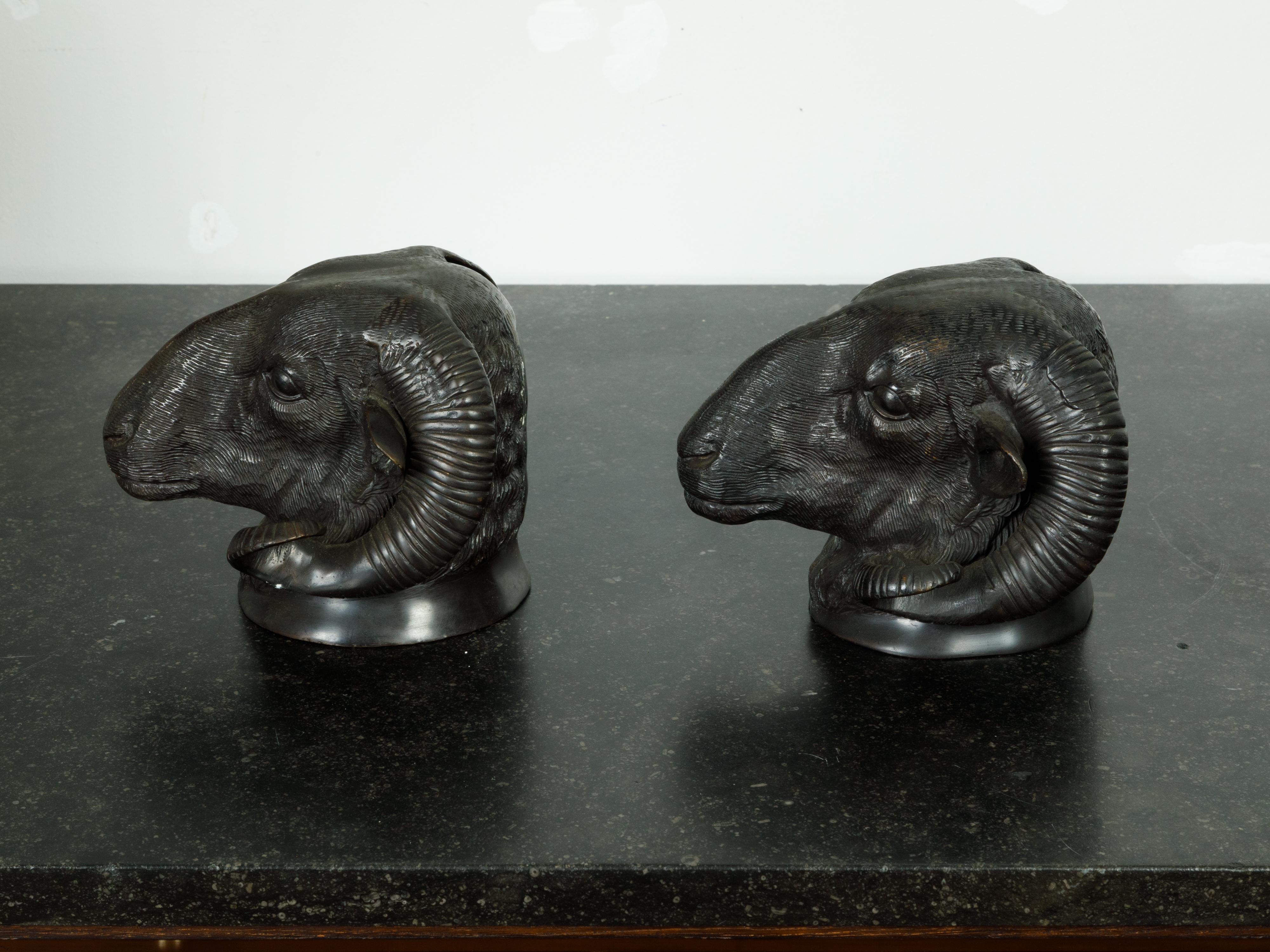 Pair of French Midcentury Bronze Rams' Heads Wall Sculptures with Dark Patina 3