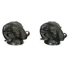 Pair of French Midcentury Bronze Rams' Heads Wall Sculptures with Dark Patina