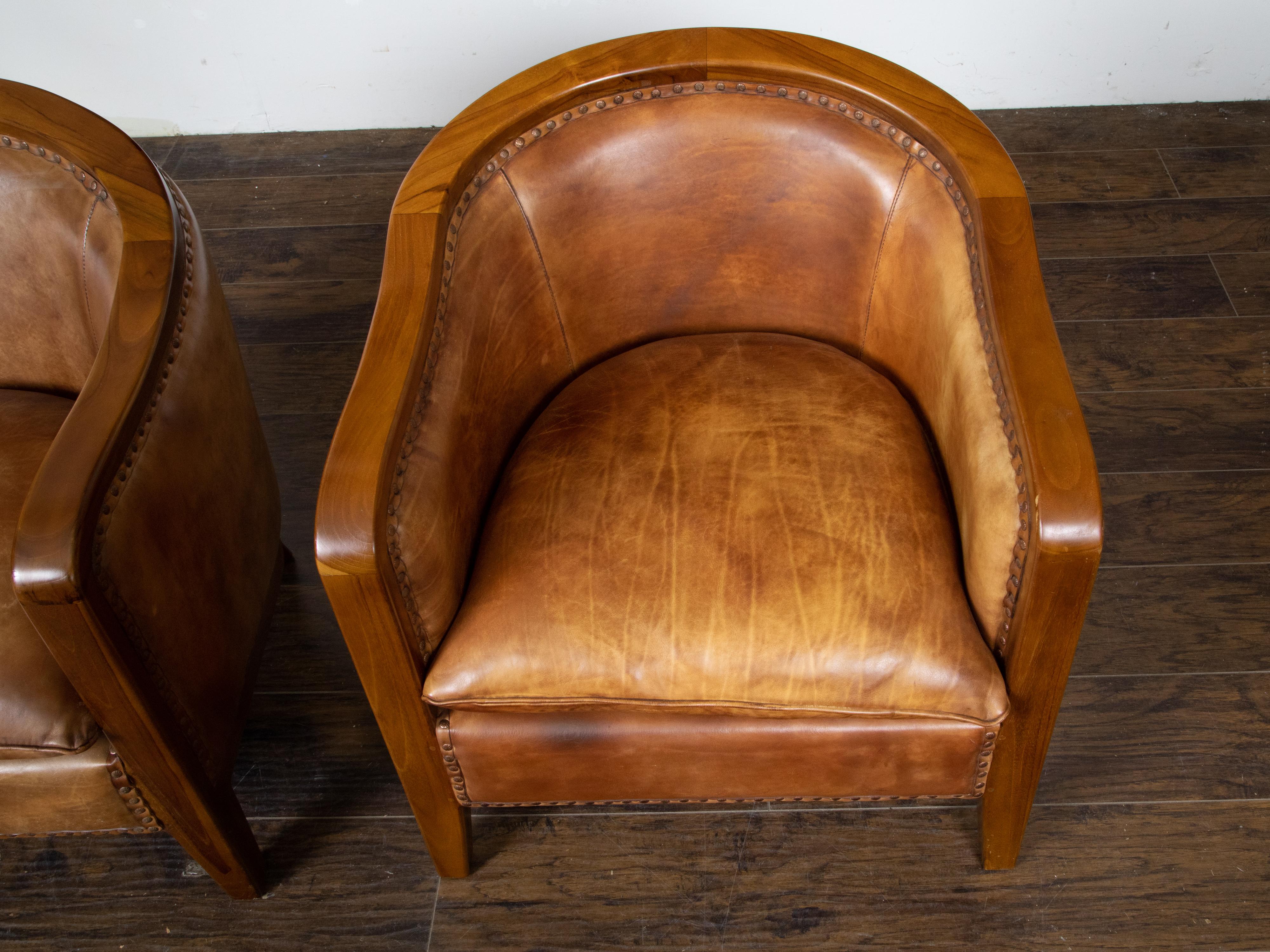 Pair of French Midcentury Brown Leather Horseshoe Club Chairs with Nailheads 5