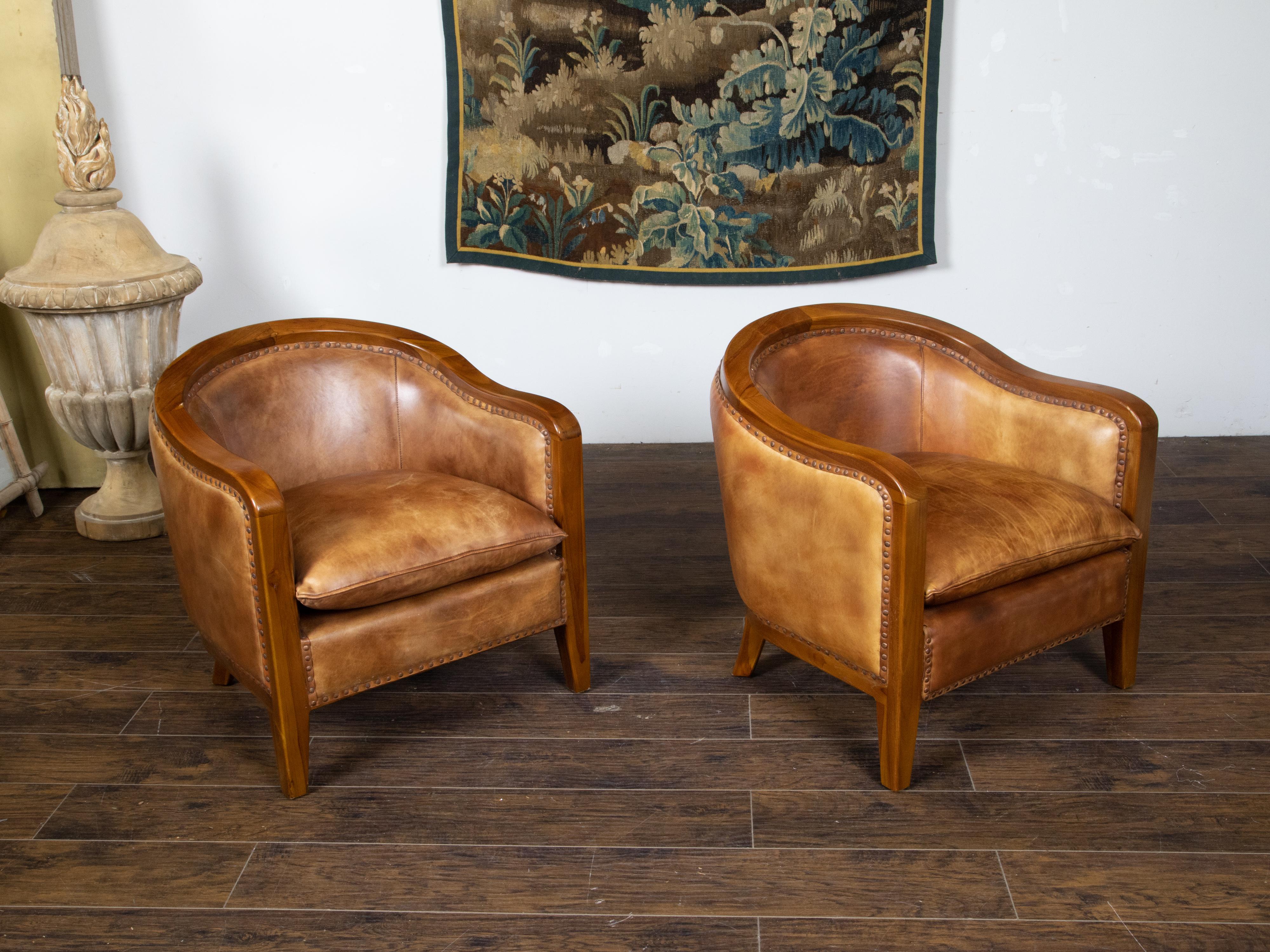 Mid-Century Modern Pair of French Midcentury Brown Leather Horseshoe Club Chairs with Nailheads