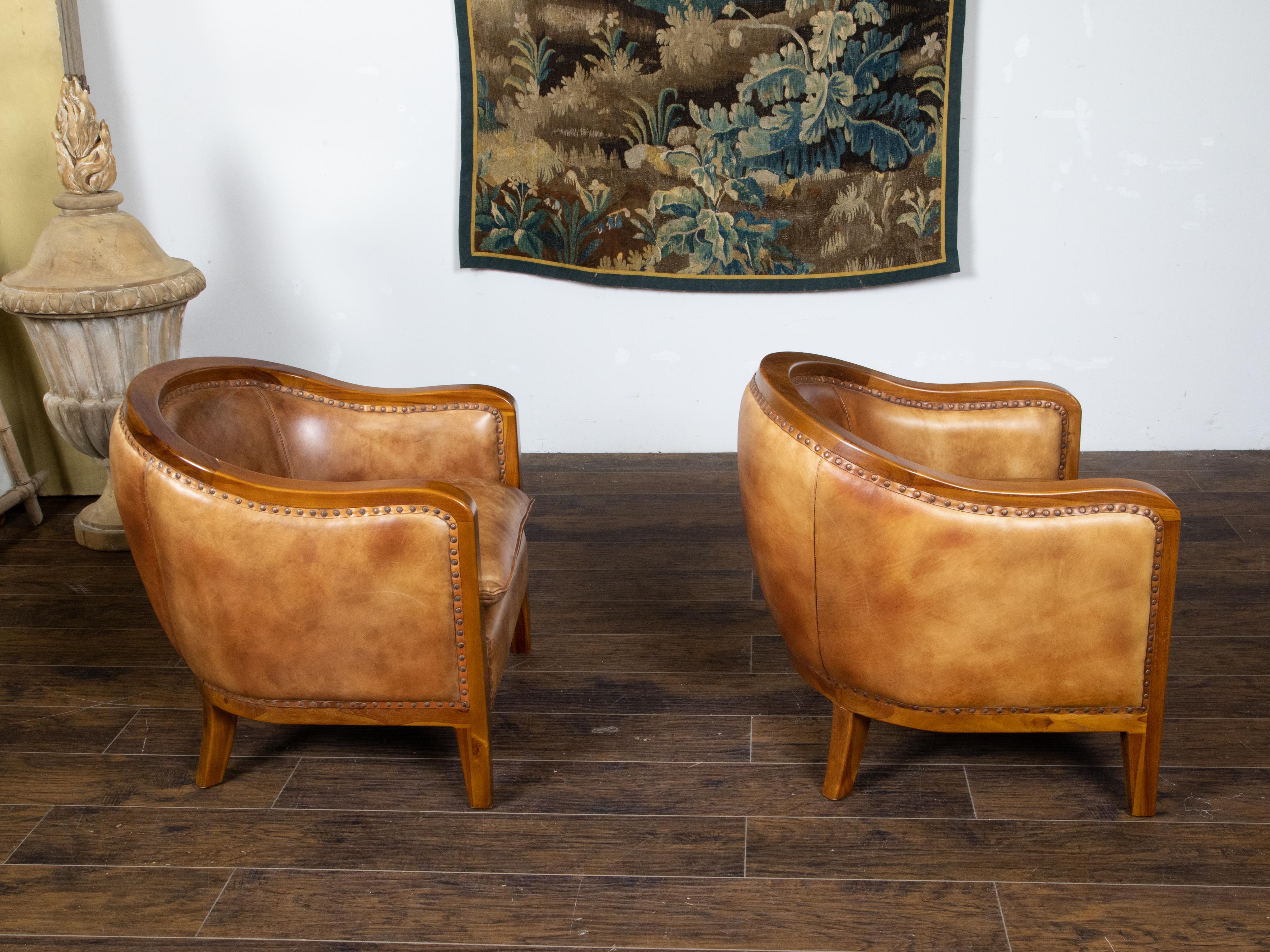 Pair of French Midcentury Brown Leather Horseshoe Club Chairs with Nailheads In Good Condition In Atlanta, GA