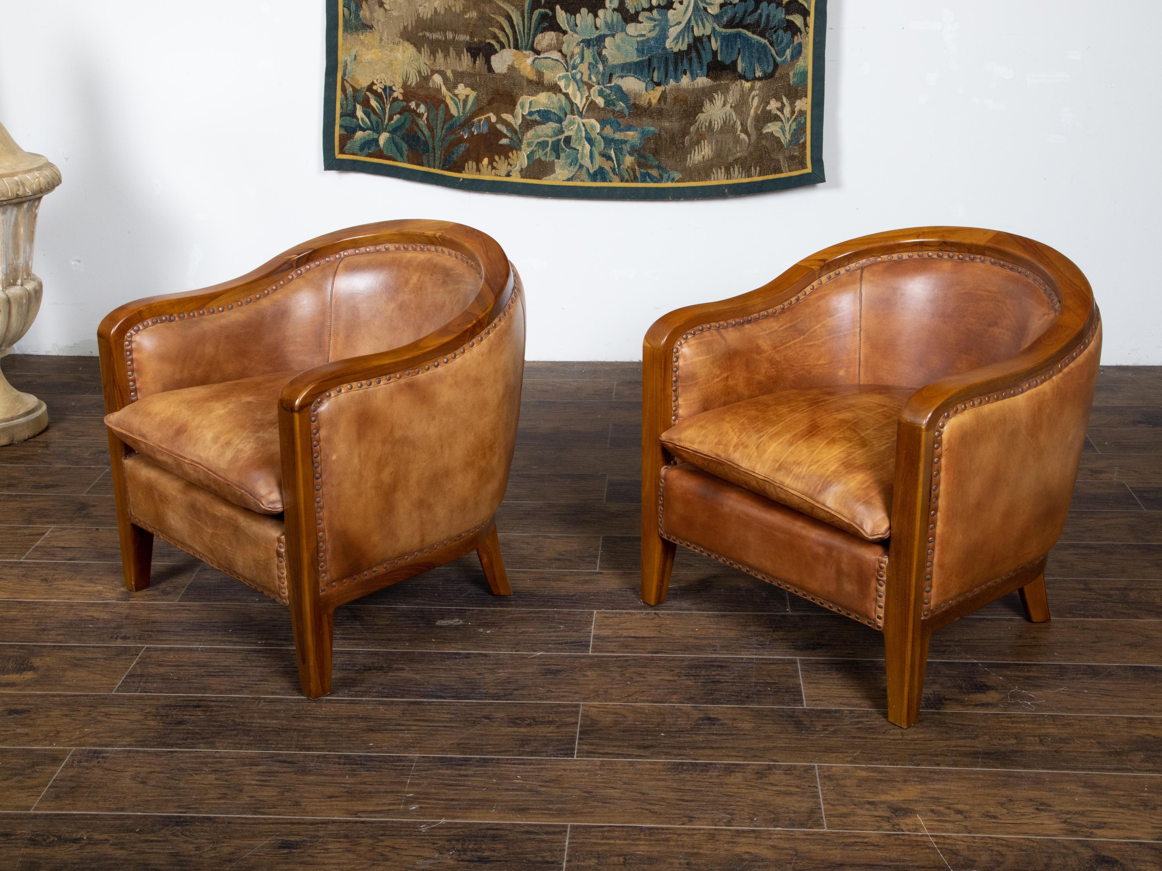 Pair of French Midcentury Brown Leather Horseshoe Club Chairs with Nailheads 1