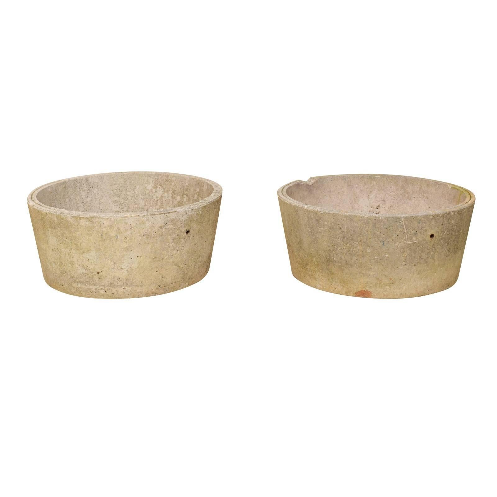 Pair of French Midcentury Cast Concrete Planter Pots with Round Shape For Sale