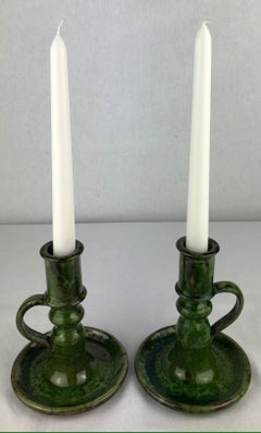 Pair of French Midcentury Ceramic Candleholders, Green