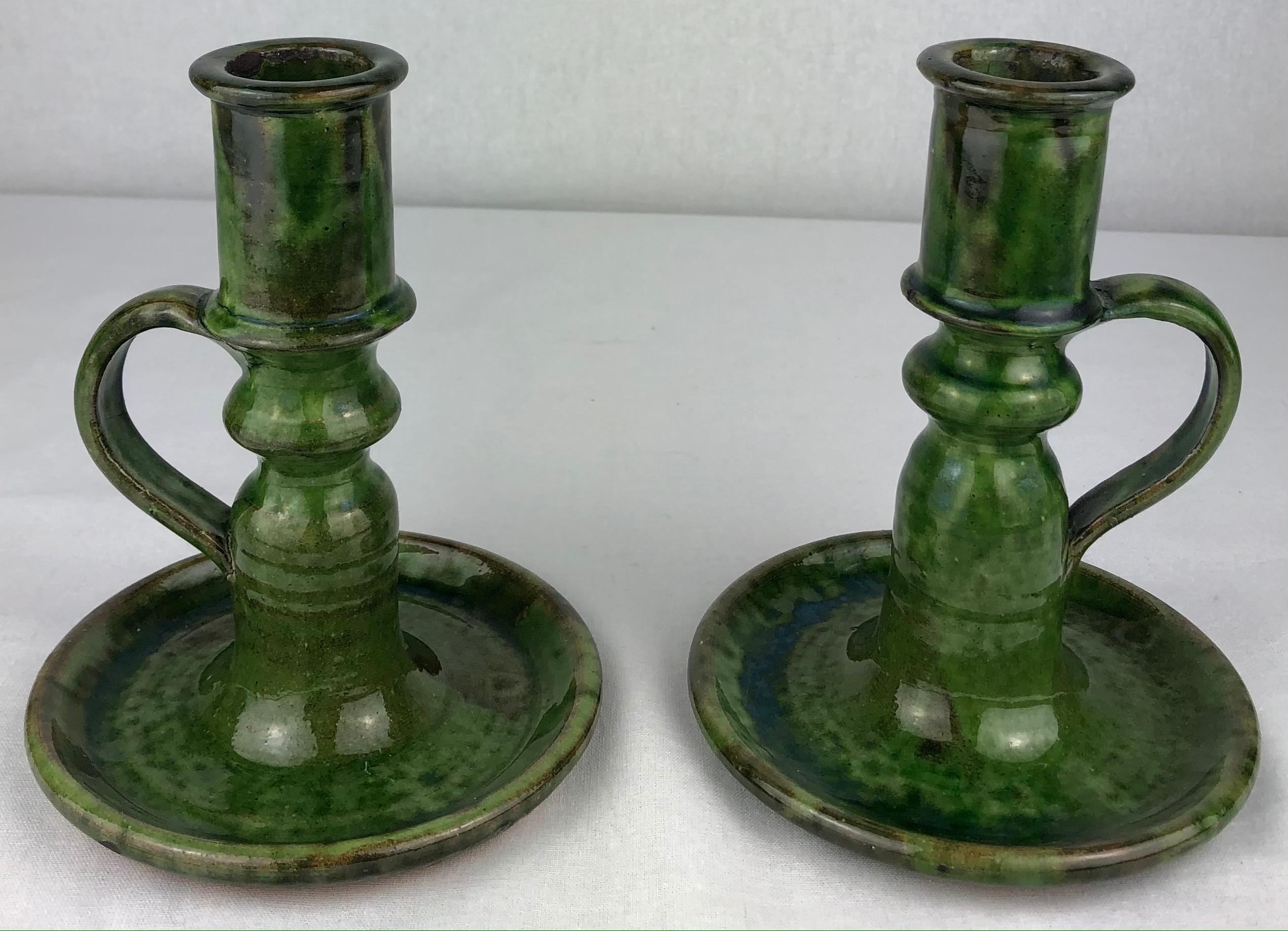 Glazed Pair of French Midcentury Ceramic Candleholders, Green