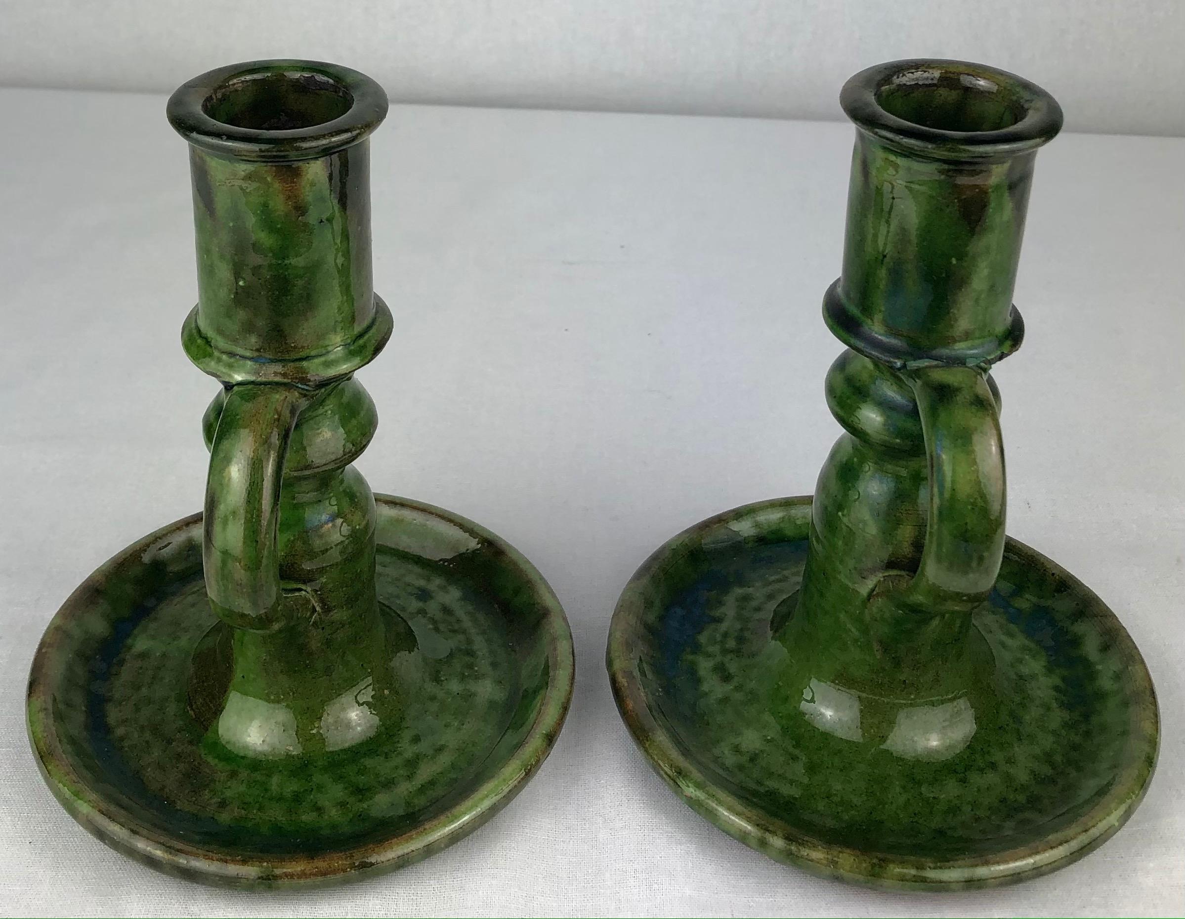Pair of French Midcentury Ceramic Candleholders, Green In Good Condition In Miami, FL