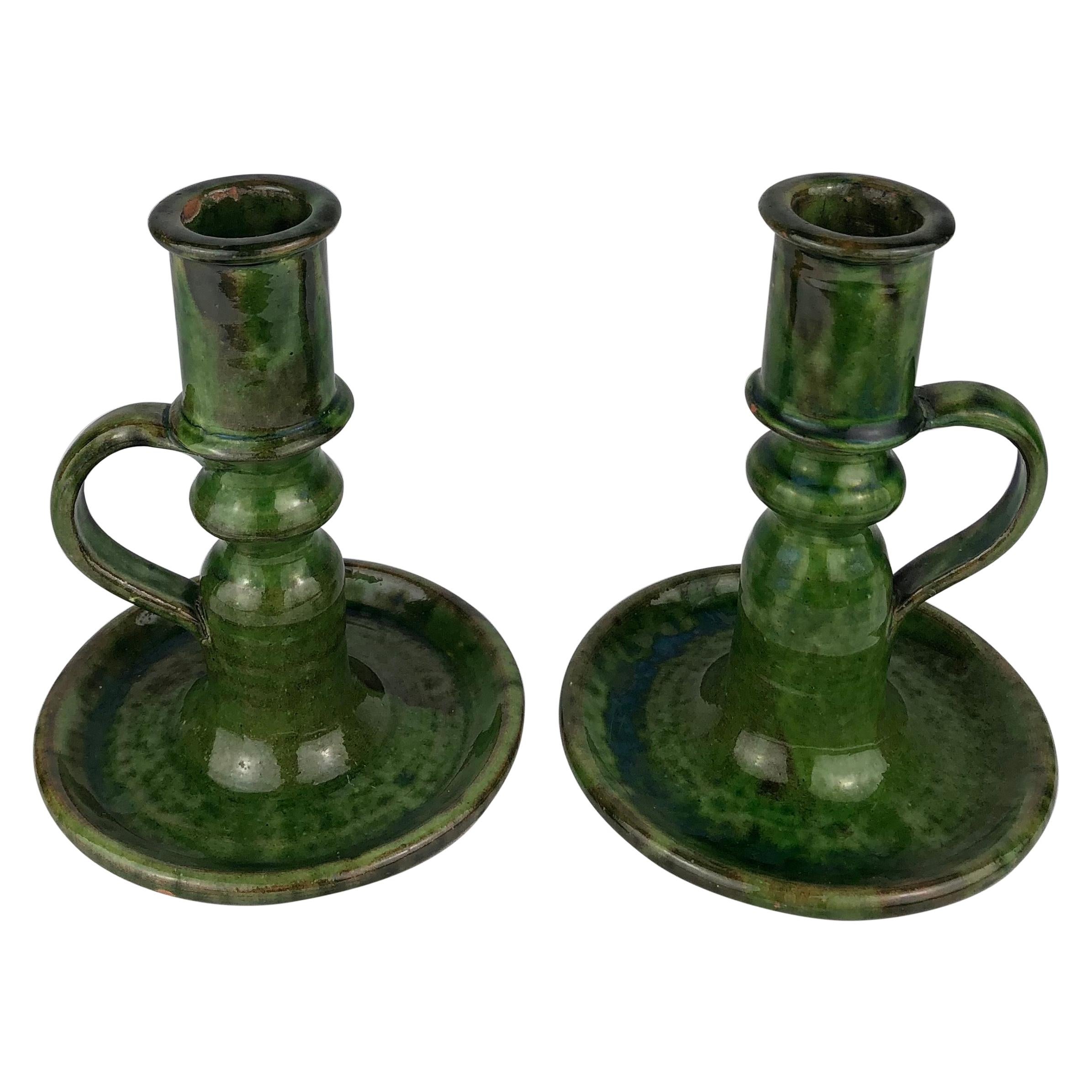 Pair of French Midcentury Ceramic Candleholders, Green