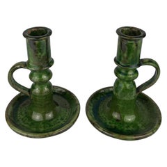 Pair of French Midcentury Ceramic Candleholders, Green