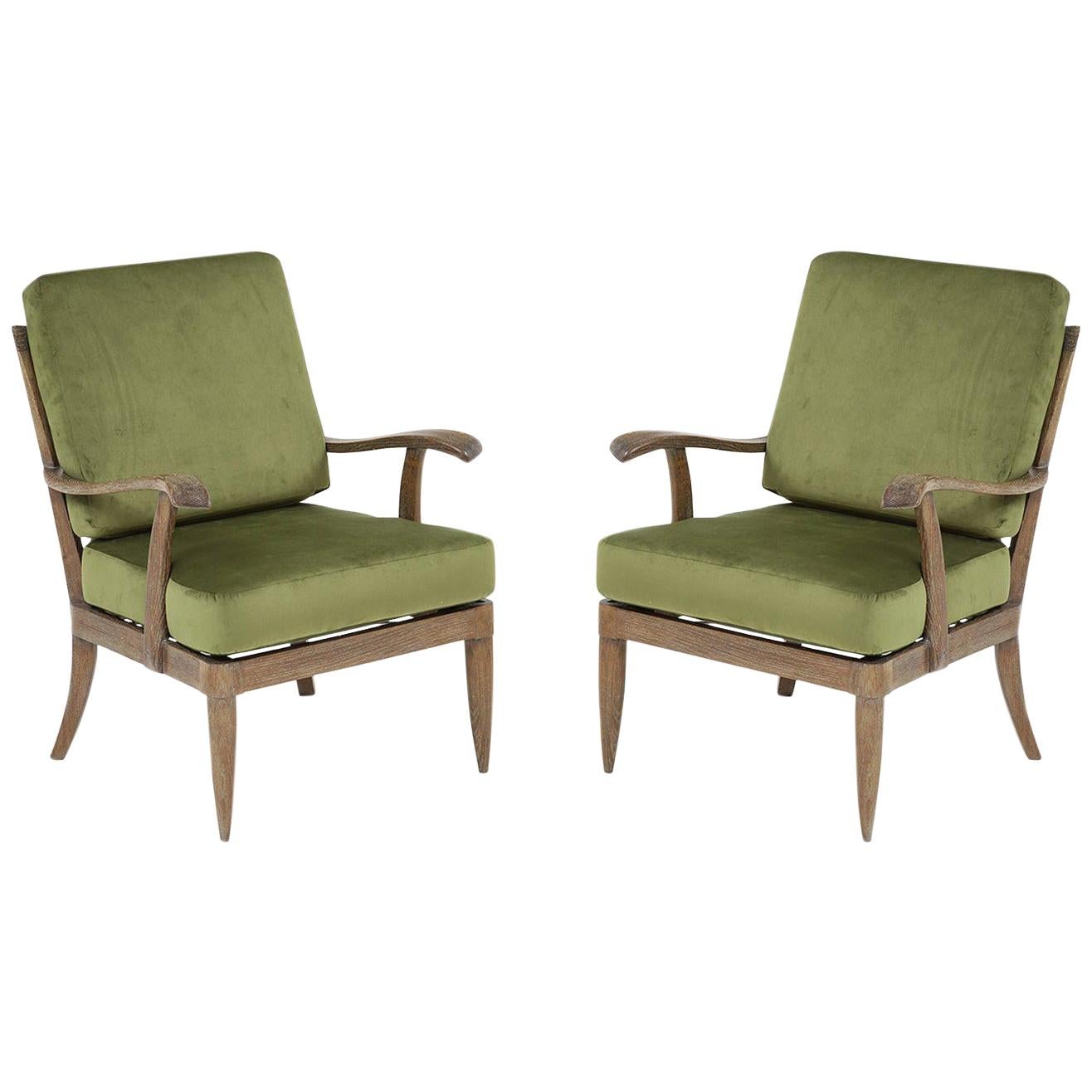Pair of French Midcentury Cerused Oak Armchairs/ Lounge Chairs