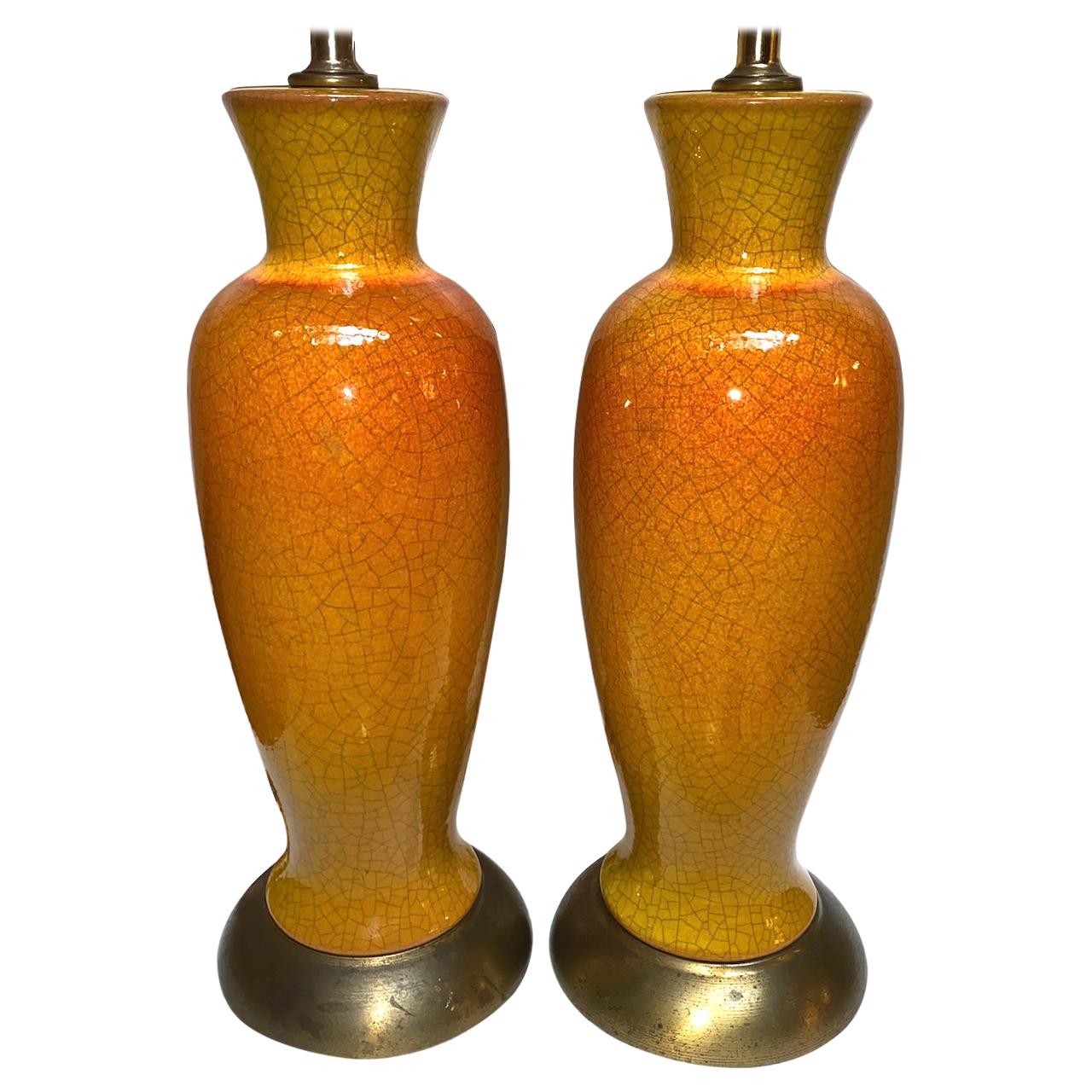 Pair of French Midcentury Crackled Porcelain Lamps For Sale