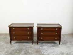 Pair of French Midcentury Directoire Style Walnut Commodes with Brass Galleries