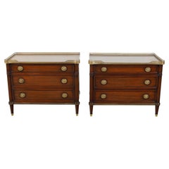 Pair of French Midcentury Directoire Style Walnut Commodes with Brass Galleries