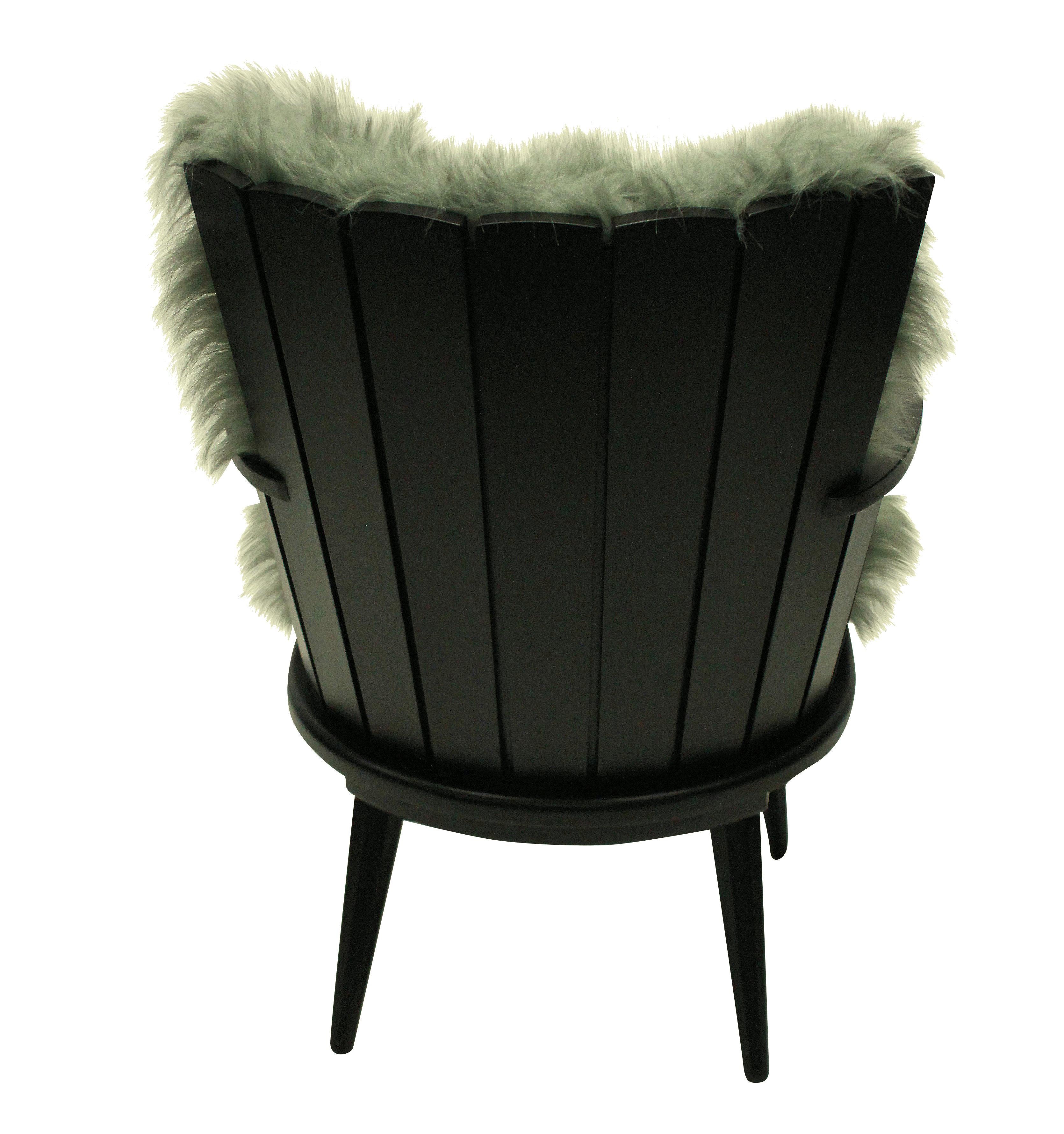 Mid-Century Modern Pair of French Midcentury Ebonized Armchairs in Fur
