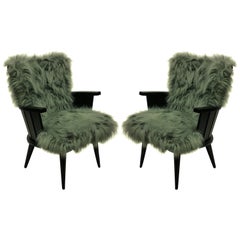 Pair of French Midcentury Ebonized Armchairs in Fur