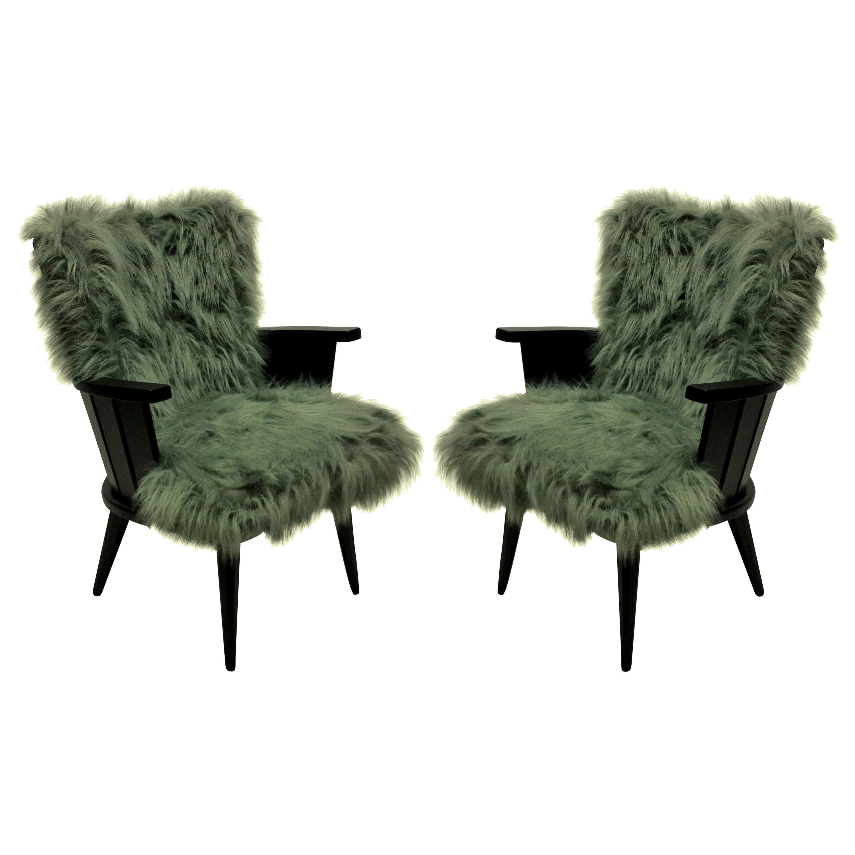 Pair of French Midcentury Ebonized Armchairs in Fur