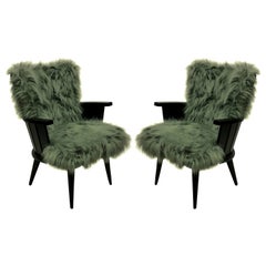 Pair of French Midcentury Ebonized Armchairs in Fur