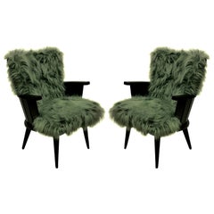 Pair of French Midcentury Ebonized Armchairs in Fur