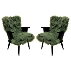 Pair of French Midcentury Ebonized Armchairs in Fur