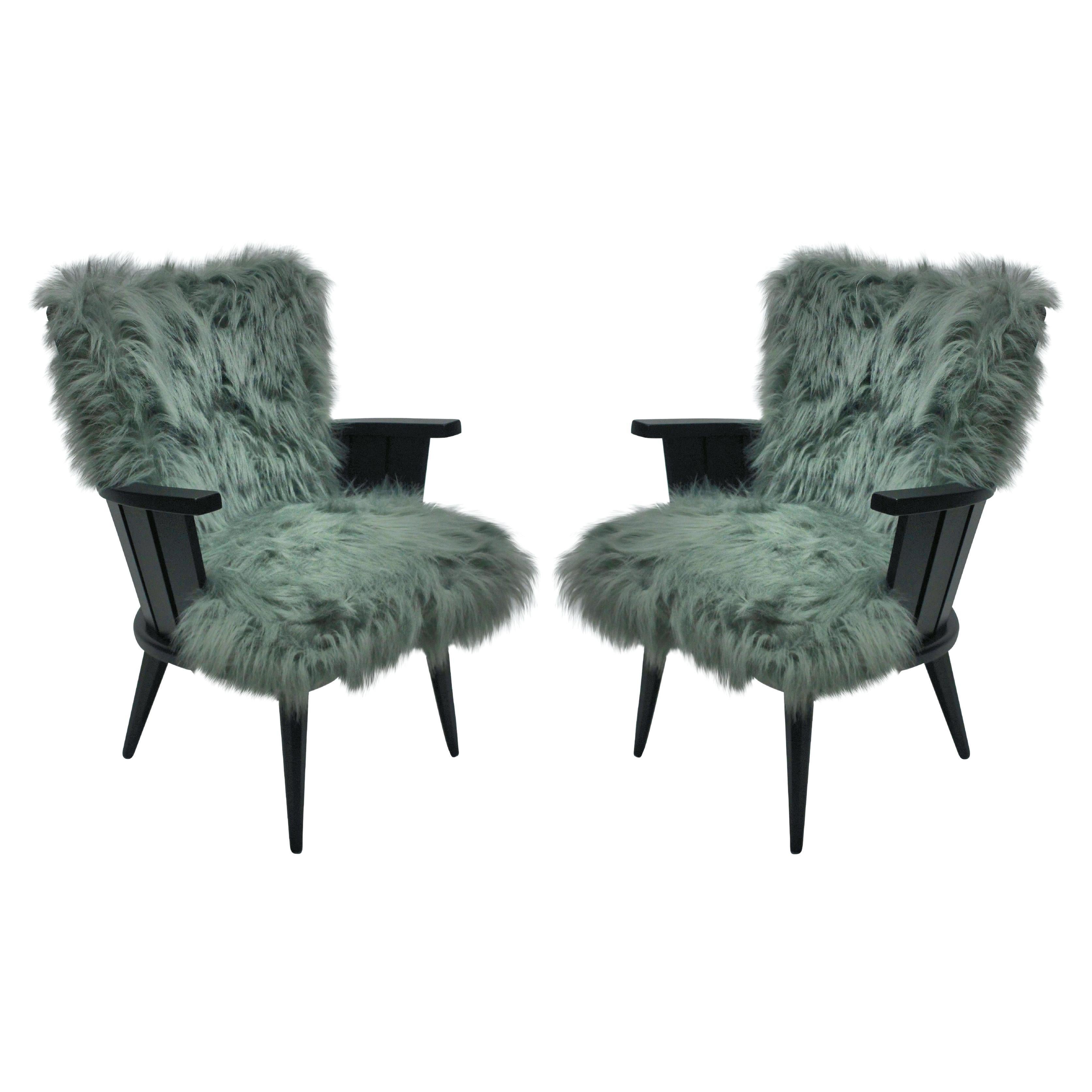 Pair of French Midcentury Ebonized Armchairs in Fur