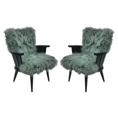 Vintage Pair of French Midcentury Ebonized Armchairs in Fur