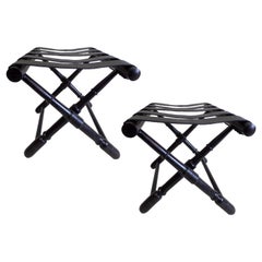 Pair of French Midcentury Ebonized Leather Strap Benches Style Jean-Michel Frank