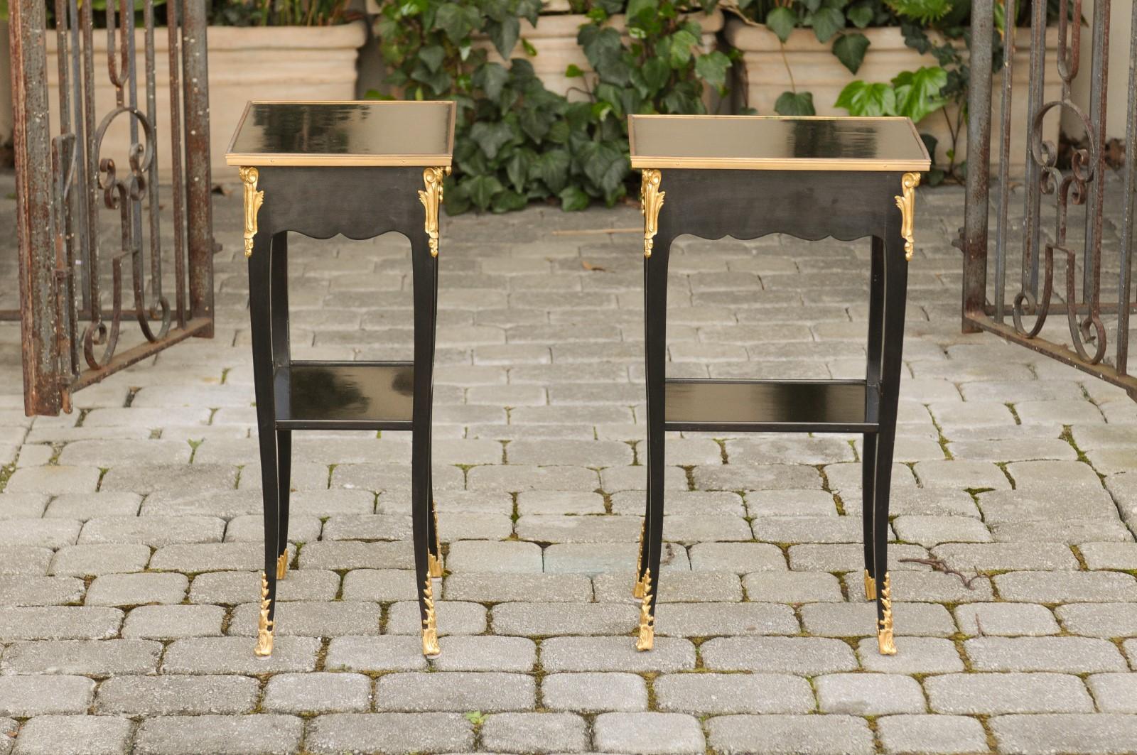 Pair of French Midcentury Ebonized Tables with Ormolu Mounts, Drawer and Shelf For Sale 7