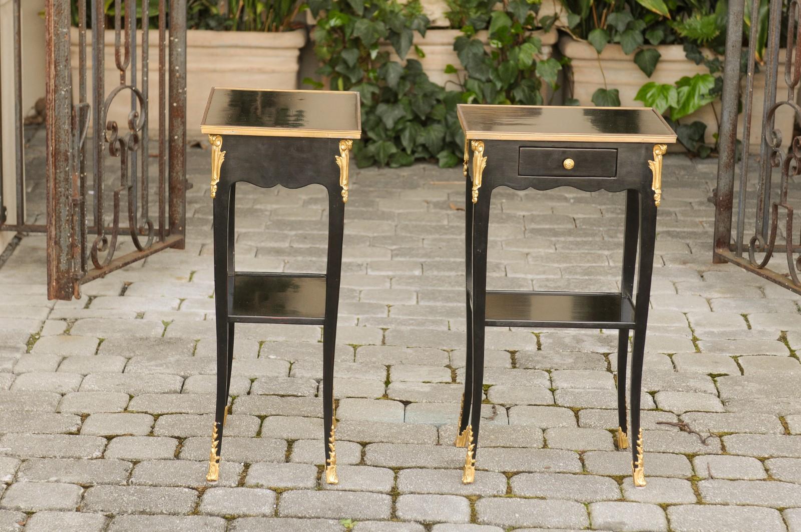 Pair of French Midcentury Ebonized Tables with Ormolu Mounts, Drawer and Shelf For Sale 9