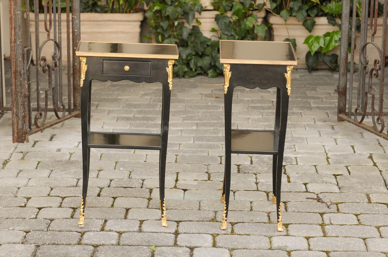 Pair of French Midcentury Ebonized Tables with Ormolu Mounts, Drawer and Shelf For Sale 11