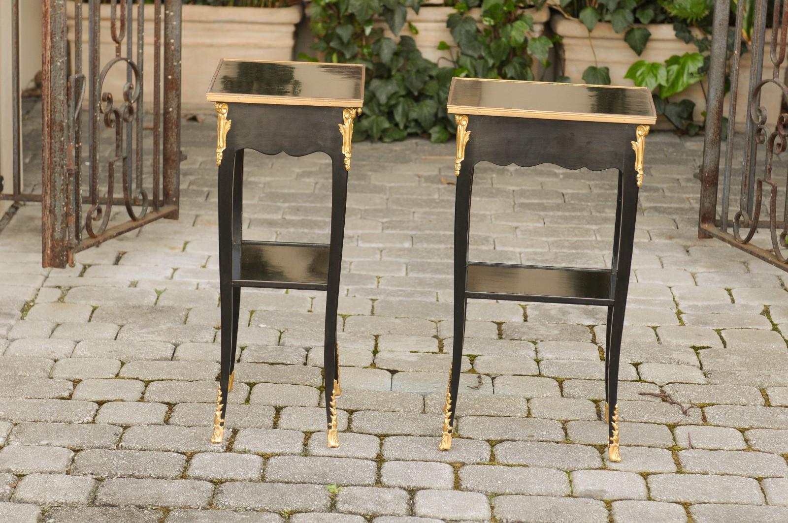 Pair of French Midcentury Ebonized Tables with Ormolu Mounts, Drawer and Shelf For Sale 11