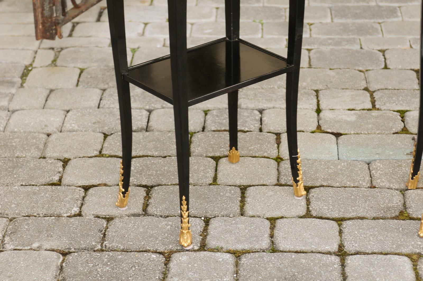 Wood Pair of French Midcentury Ebonized Tables with Ormolu Mounts, Drawer and Shelf For Sale