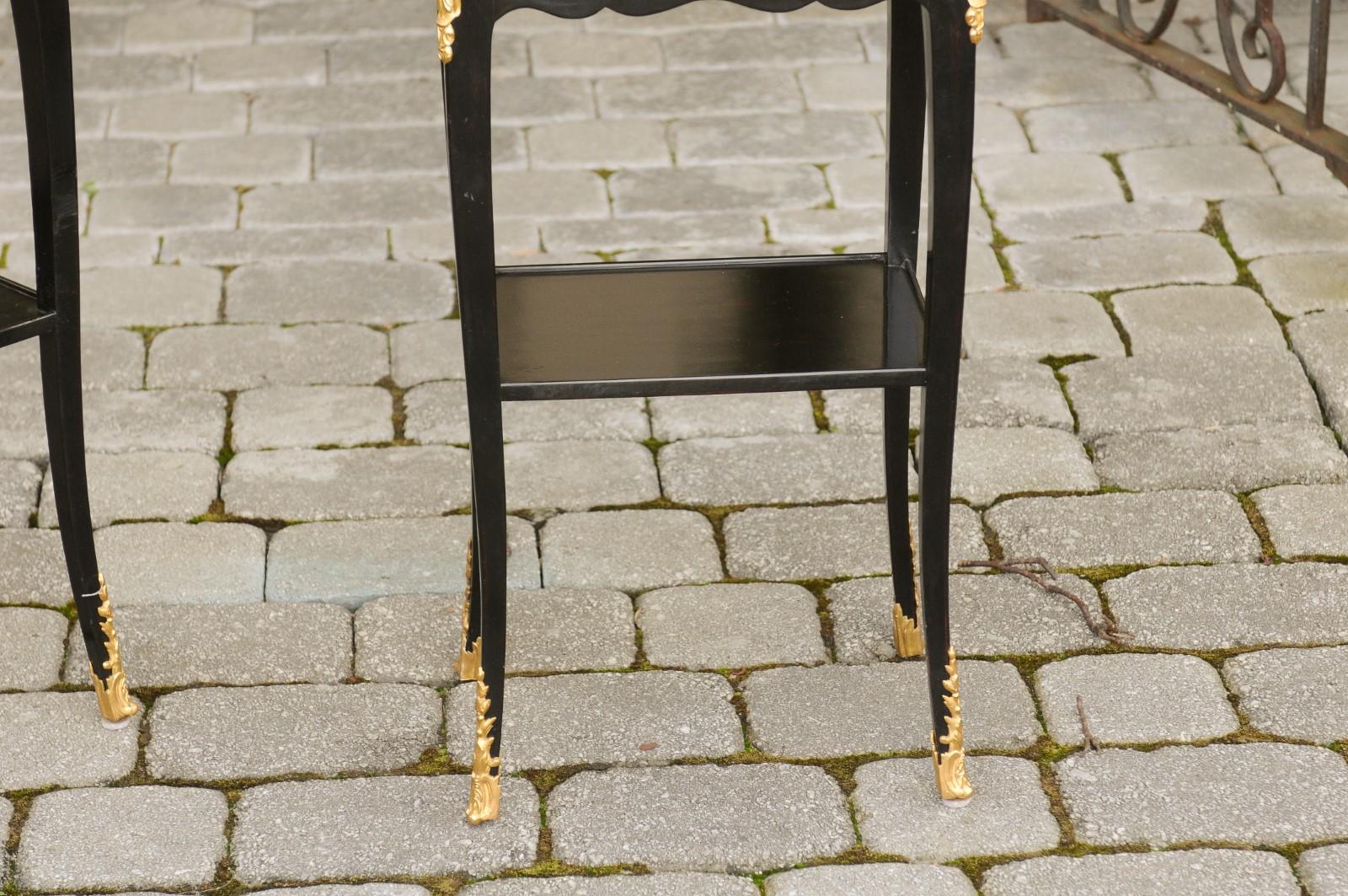 Pair of French Midcentury Ebonized Tables with Ormolu Mounts, Drawer and Shelf For Sale 3