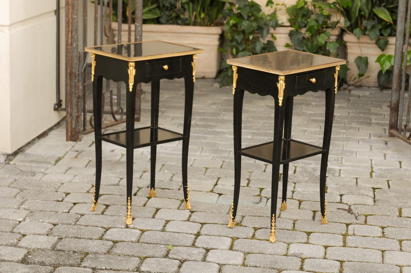 Pair of French Midcentury Ebonized Tables with Ormolu Mounts, Drawer and Shelf For Sale 4