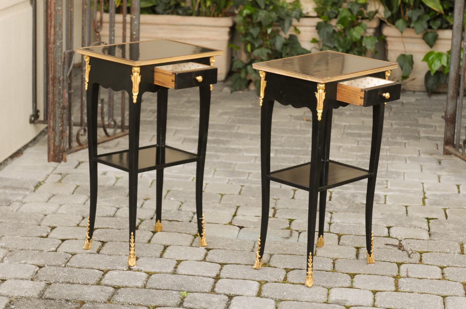 Pair of French Midcentury Ebonized Tables with Ormolu Mounts, Drawer and Shelf For Sale 4