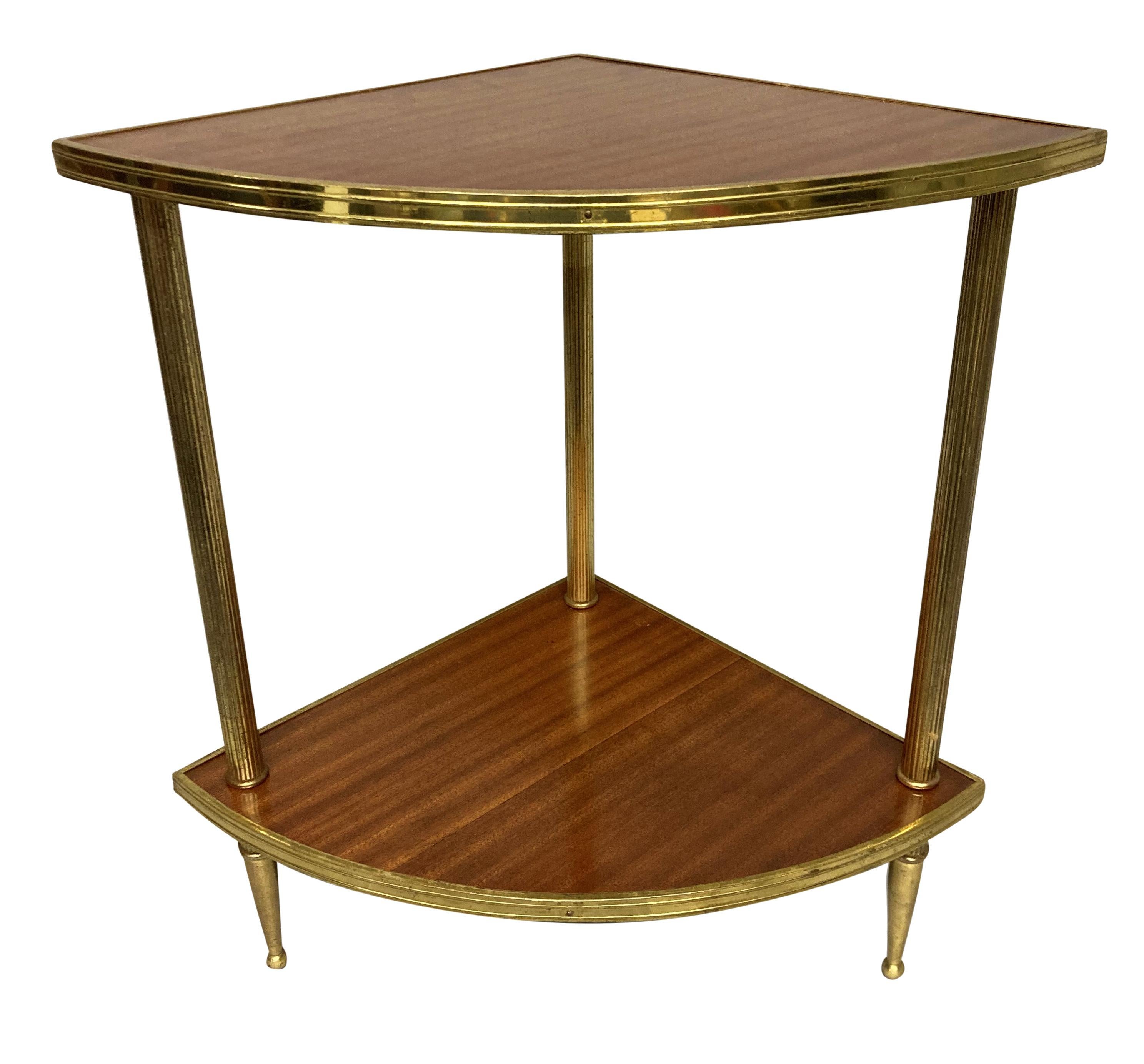 A pair of French Mid-Century etagere side tables with two tiers, in lacquered brass with polished sapele wood tops. Can be used in various configurations.