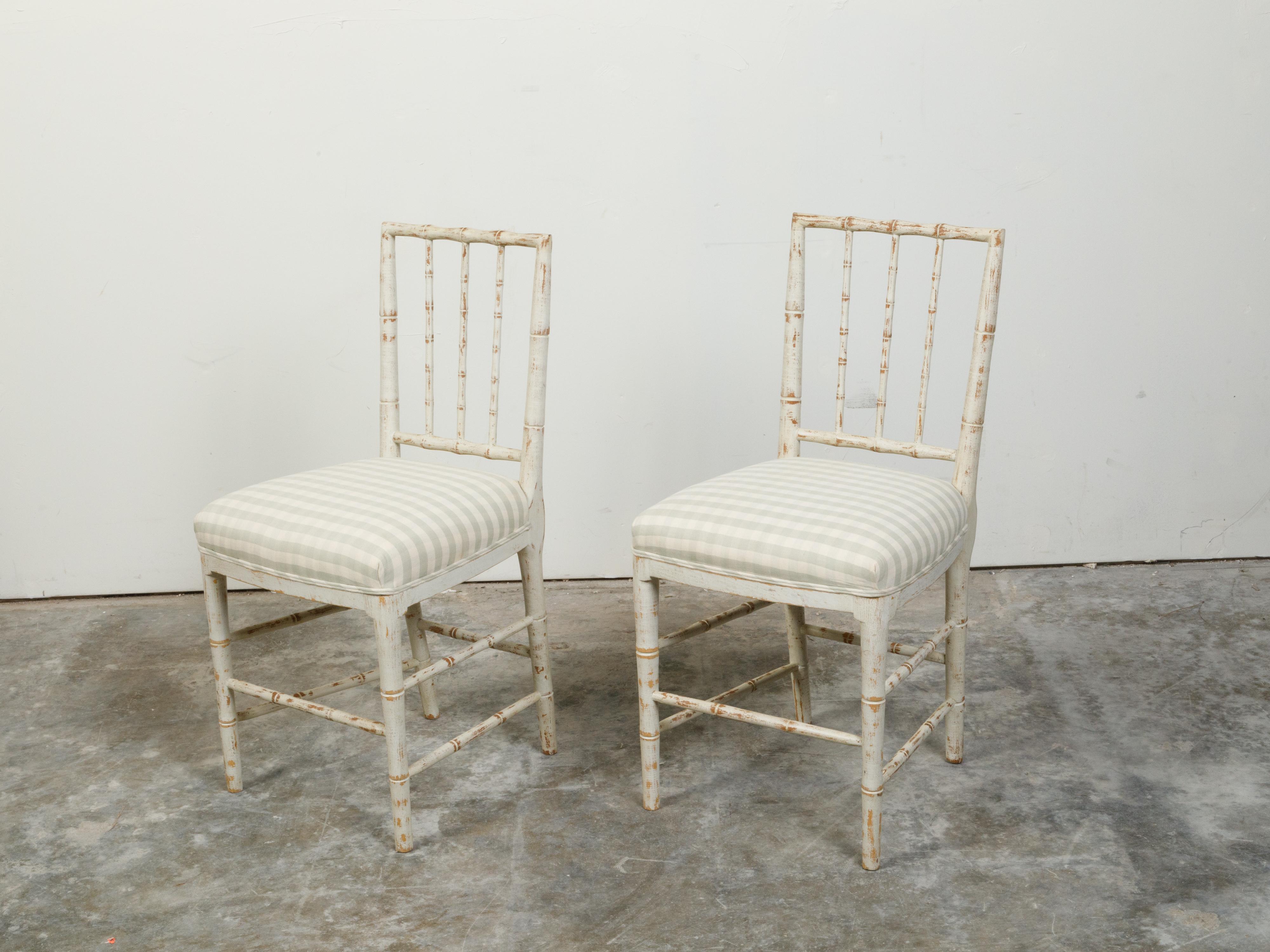 Mid-Century Modern Pair of French Midcentury Faux Bamboo Side Chairs with Distressed Patina For Sale