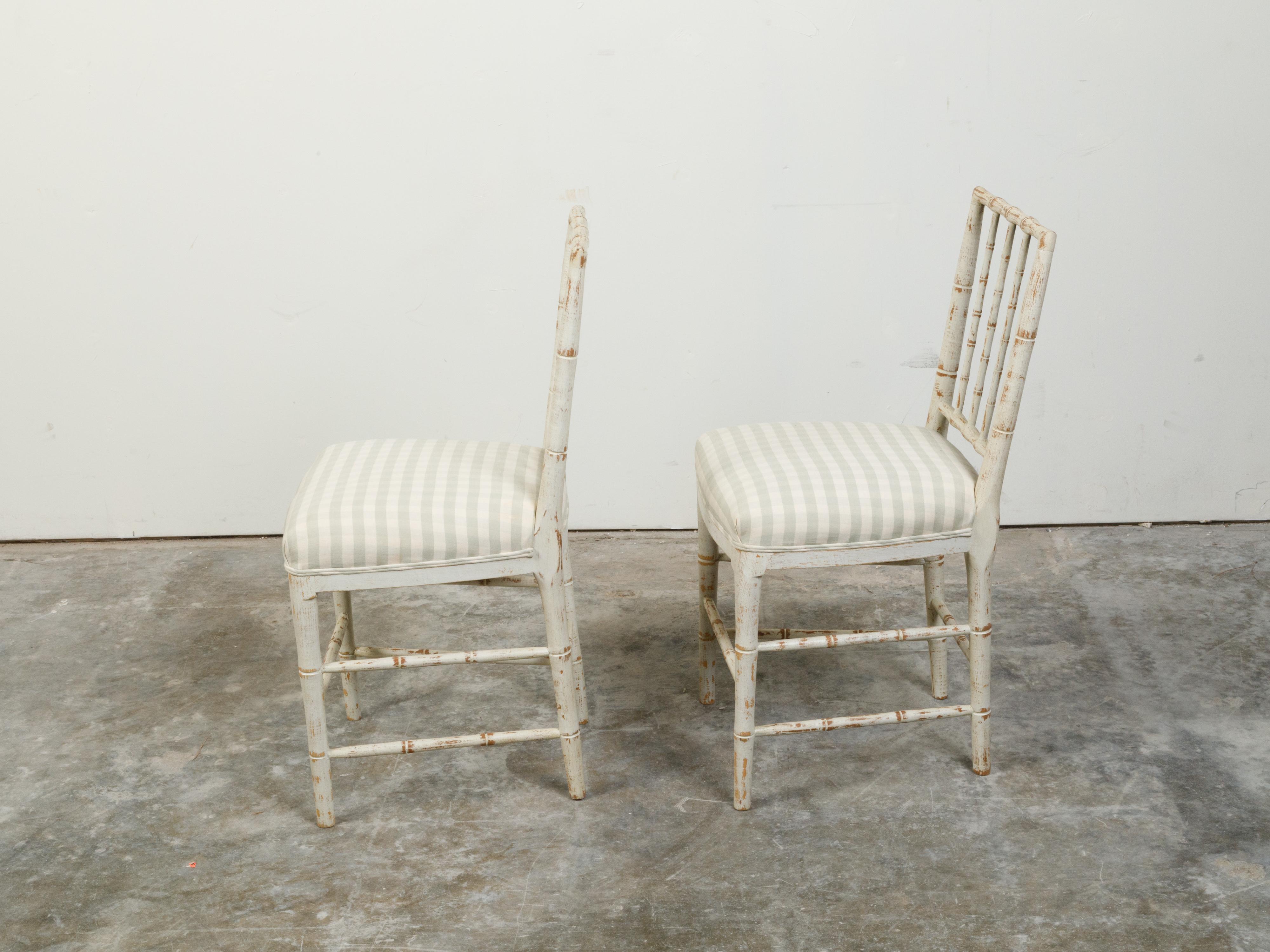 Painted Pair of French Midcentury Faux Bamboo Side Chairs with Distressed Patina For Sale