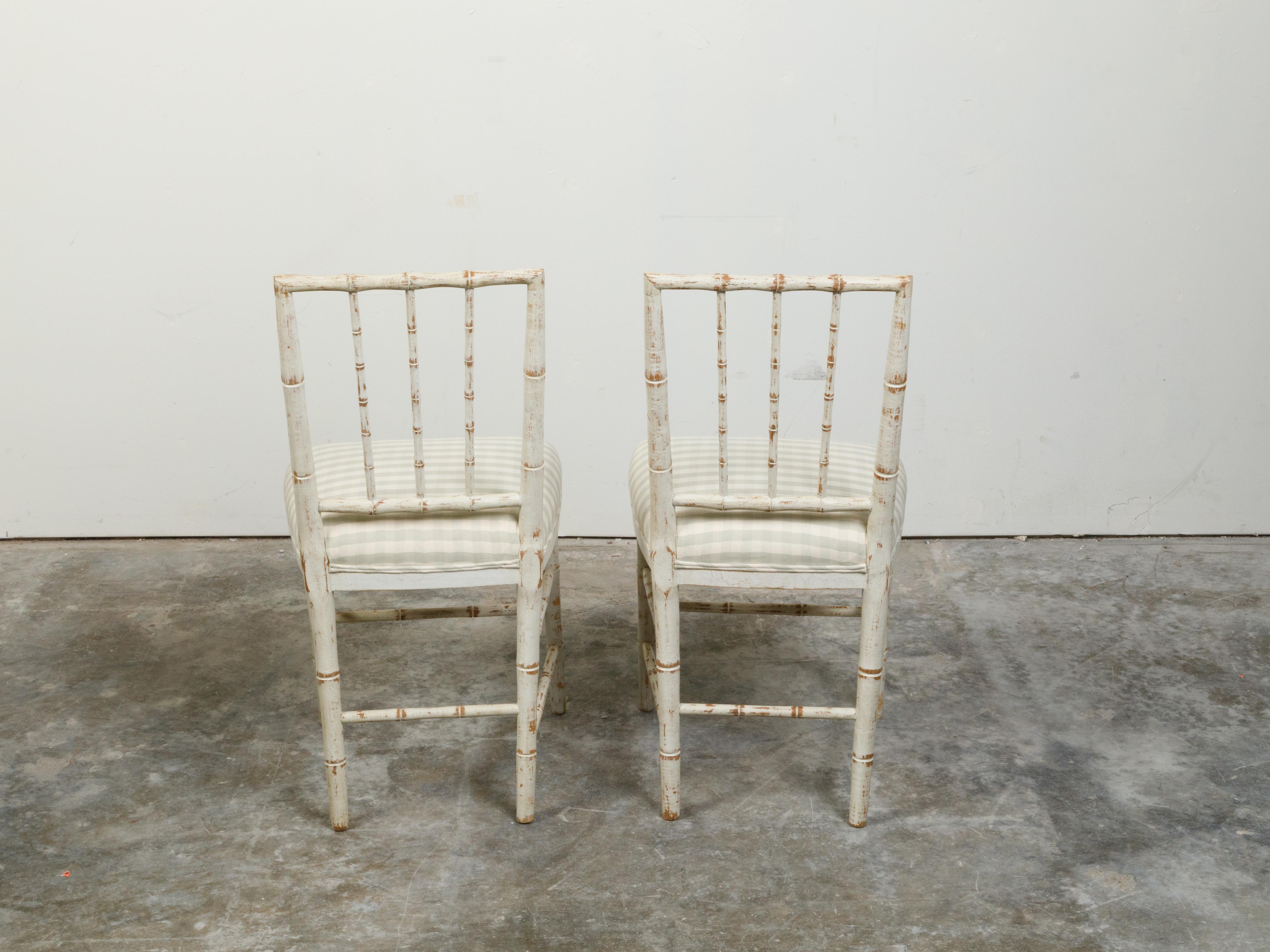 Pair of French Midcentury Faux Bamboo Side Chairs with Distressed Patina In Good Condition For Sale In Atlanta, GA